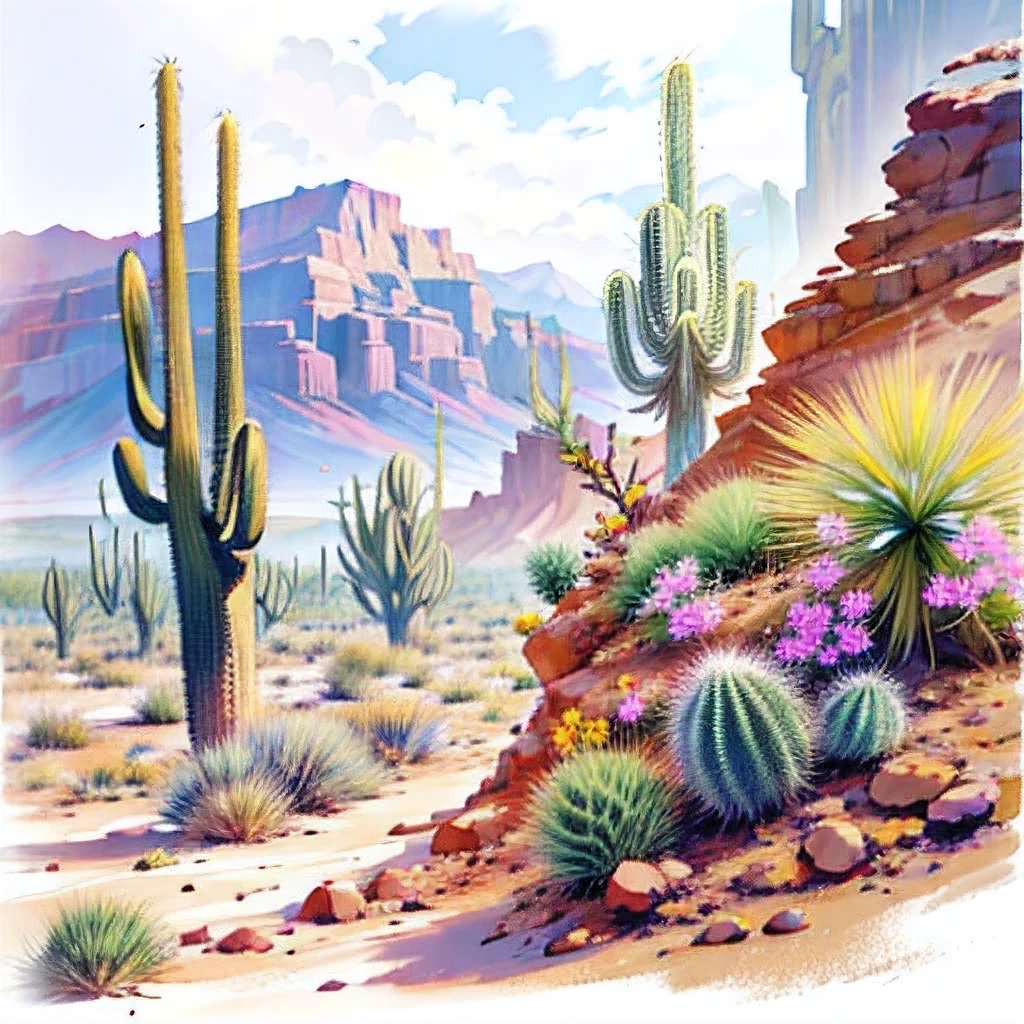 pintura de cena do deserto com cactos e montanhas ao fundo, flores do deserto, cena do deserto, Deserto do Arizona, Cacto e flores, saguaro, serene desert scenery, Pintura digital style, fotorrealista, realista, detalhado, pixel perfeito, 4k, Direction: Walt Palheta, cores do deserto, cactos de saguaro, Direction: Carol Bove, paisagem do deserto, mesa do deserto, Pintura digital, Arte ocidental