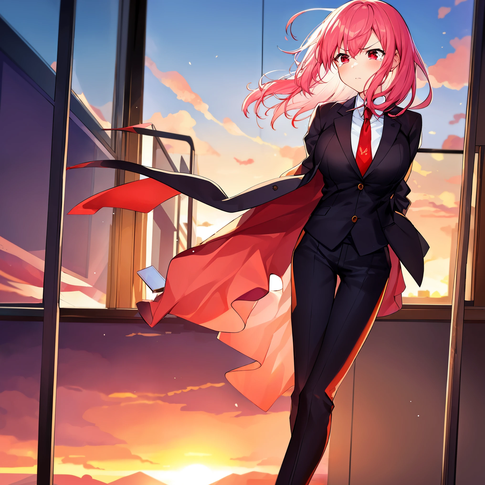 A girl with a disability, ，，Loss of legs，full body picture，shed tears，pink hair, medium hair, red eyes, serious， breast, black suit, formal suit, red tie, office, window, Sunset, sleeves are empty，The trouser legs are empty，Blowing in the wind，cowboy shooting