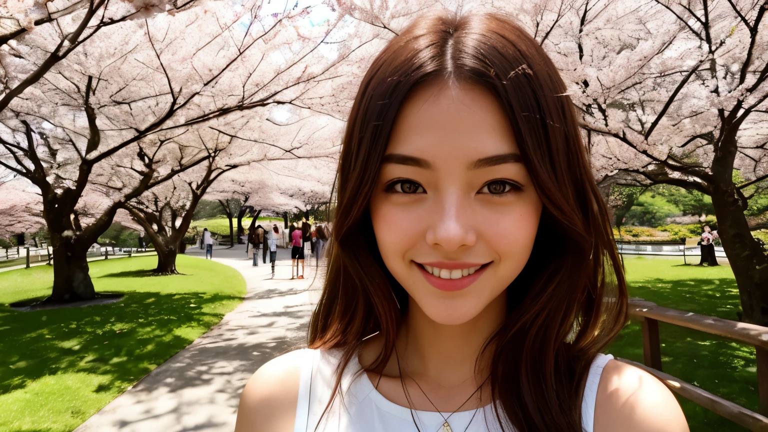Instagram pictures, French Girl, Shoulder length hair, Has light blonde hair, Close-up photo, Take a walk in the park with cherry blossoms, Japan, smile a little,