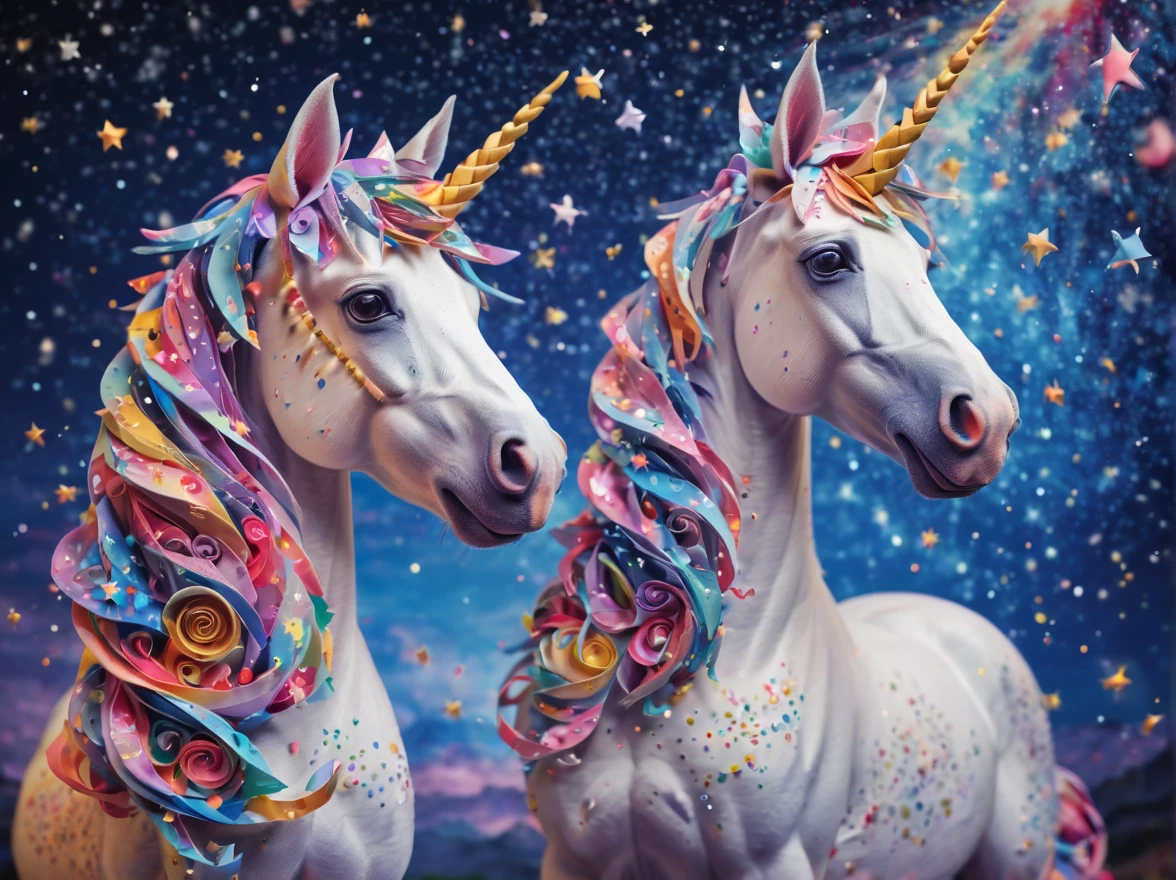 Full scene. mini ponytailed unicorn portraits, unicorn big smile to the camera, starry sky, zentangled, origami, 3d crunch, magical flashes and explosions crossing the horizon,