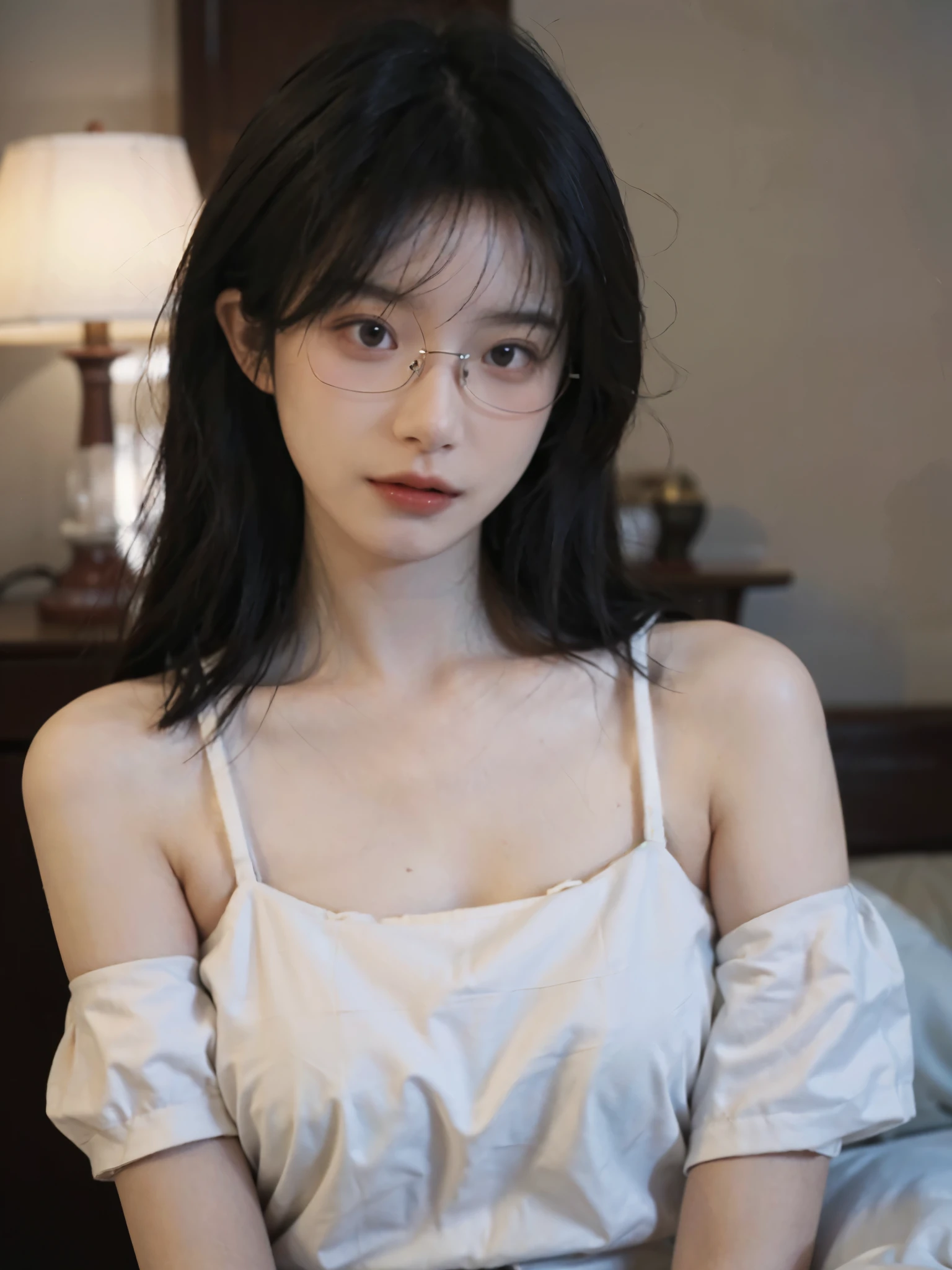 Film portrait photography, 1 girl, bare shoulders,lipstick,(flat chest:1.4), Shoulder length wavy hair, Wear high-end glasses,White short sleeves,serene, calm, (Realistic and detailed eyes, natural skin texture, Realistic facial details), Soft dramatic lighting, depth of field, Bokeh, Vibrant details, detailed meticulous, hyper-realistic, 35mm film, hazy, ,