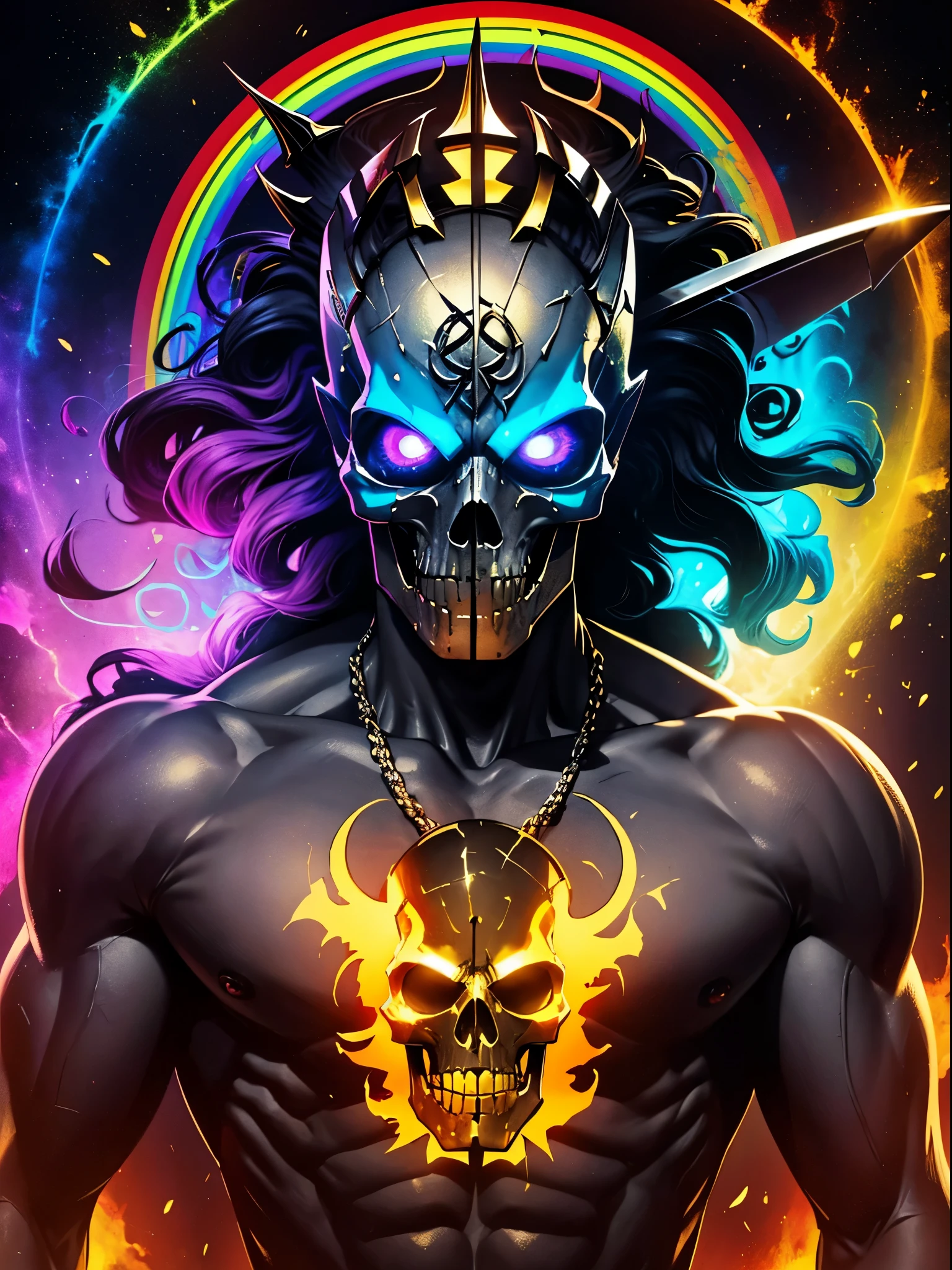 ordered pixels，Superhero skull，(Arte de terror:1.2)，Huge golden scythe，Pintura de esqueleto pulido de metal de hombre sobre fondo negro,A rainbow surrounds the skull，Formar diferentes estructuras， breathtaking rendering, Magical rainbow elements,Splendid round rainbow combination，circular composition，Solo