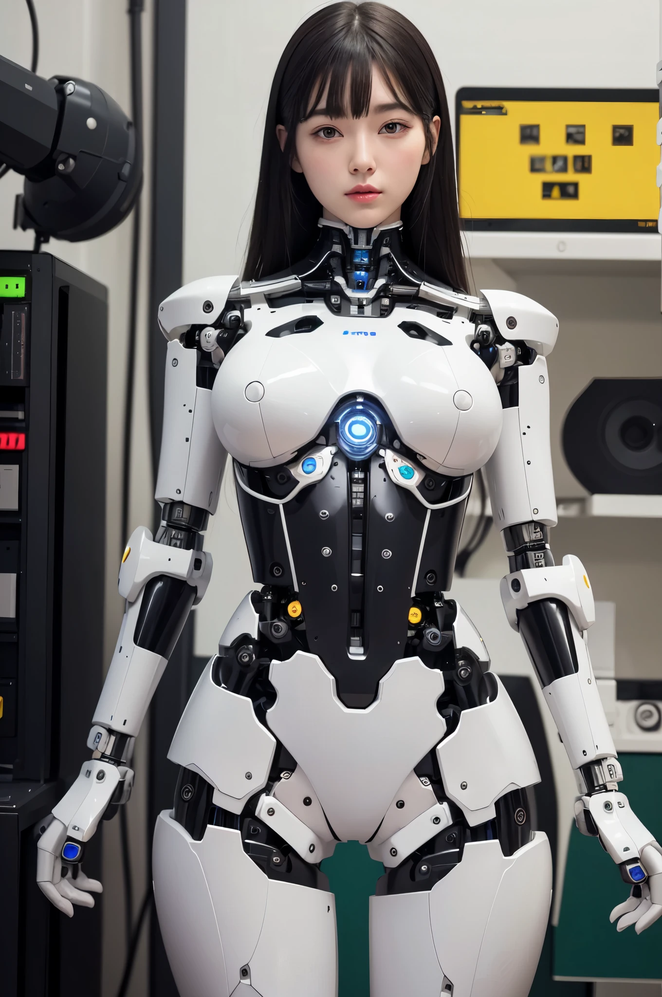 masterpiece, best quality, extremely detailed, 8K portrait,1girl in, Japaese android girl,android teacher,Plump , control panels,android,Droid,Mechanical Hand, ,Robot arms and legs, Black hair,Mechanical body,Blunt bangs,White Robotics Parts,perfect robot woman,Charging spot,Long Tube,A thick cable was connected to her neck,ceramic body ,android,robot humanoid,a bit chubby,panty,full eyes,perfect mechanical body,white robotics body,future assembly plant,white body,She has repaired,black sponge joints,android assembly plant,android,laboratory,perfect machine body,white robot body,