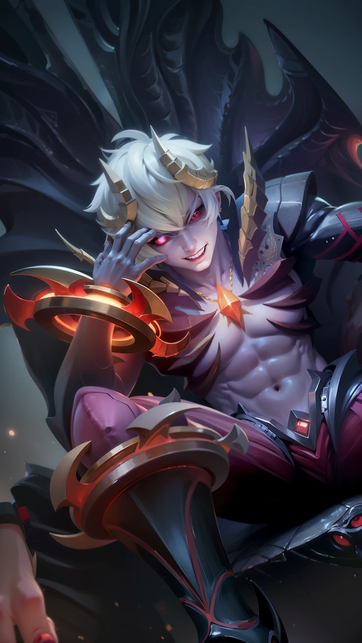 masculine male, masterpiece, ((perfect eyes)) best quality, (semirealism:1.9), beautiful lighting, (extremely detailed CG unity 4k fhd wallpaper), High Detail, Sharp focus, dramatic outdoors, 25 years old, white short hair, Boy with two big horns, big earrings on ears, elf ear, red eyes, Thick eyebrows, evil smile, grinning, red body, red face, Burning skin, yellow diamonds glistening on chest, burning red skin, golden robe behind, big white belt, 8k, realistic, tato, scary, strong red eye glow (red eye:1.2).