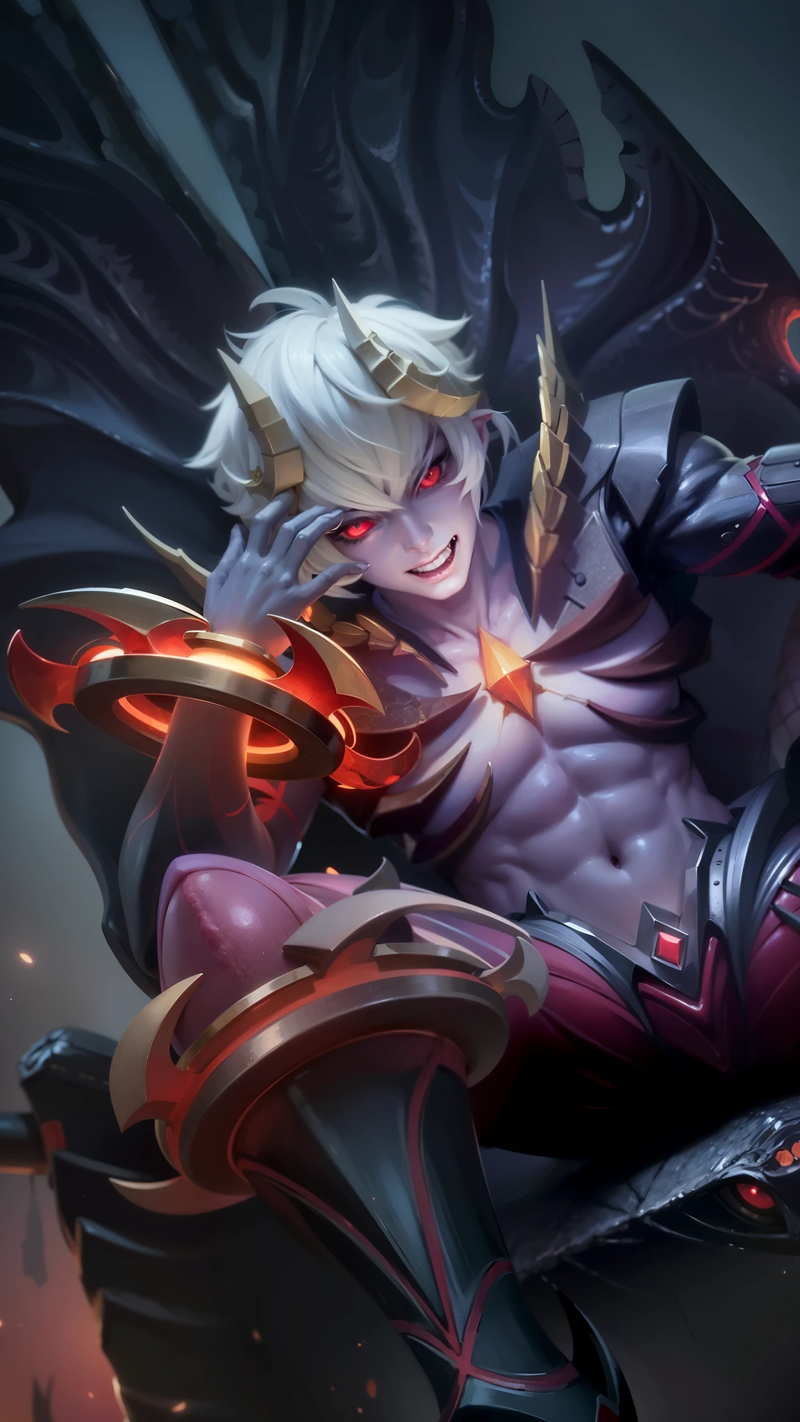 masculine male, masterpiece, ((perfect eyes)) best quality, (semirealism:1.9), beautiful lighting, (extremely detailed CG unity 4k fhd wallpaper), High Detail, Sharp focus, dramatic outdoors, 25 years old, white short hair, Boy with two big horns, big earrings on ears, elf ear, red eyes, Thick eyebrows, evil smile, grinning, red body, red face, Burning skin, yellow diamonds glistening on chest, burning red skin, golden robe behind, big white belt, 8k, realistic, tato, scary, strong red eye glow (red eye:1.2).