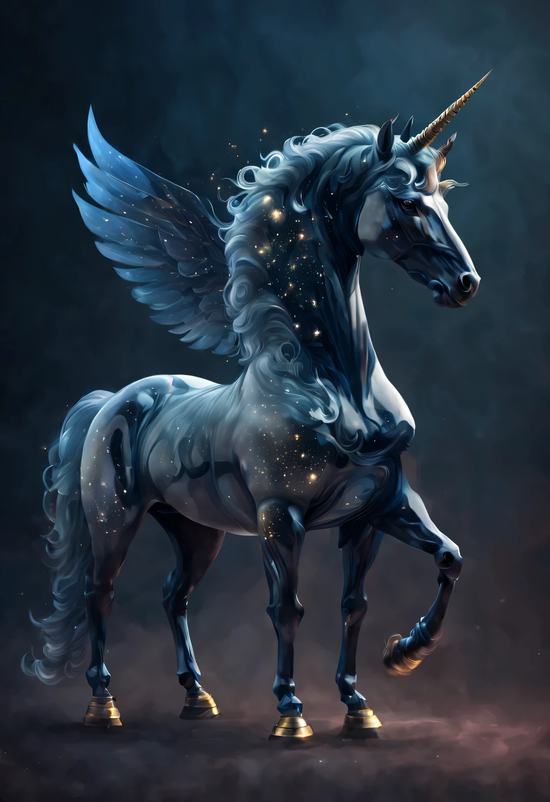 Double exposure surreal art style, (The huge body of the translucent blue unicorn blends with the graphic symbols of the 12 Western zodiac signs.),
Creature with spiral horns on its forehead,have wings,It is possible to fly in the air. Unicorn heads are usually very elegant, Harmonizes with body proportions. The most striking feature of a unicorn is the spiral unicorn above its head, Gives a jade-like appearance, usually white, Transparent or light blue tint, And tall and elegant,
Their faces are usually triangular in shape, with bright, Deep eyes reveal wisdom and alertness. eye color is golden, Unicorn ears are pointed and straight, Give it a sense of alertness.
Unicorn bodies are usually very toned, smooth lines.
background: misty forest in greek mythology, Full of mystery, epic pictures, look up, look up perspective,,Pointillism,art,Super real,imaginative,dreamlike,otherworldly,wonderland, ethereal, aries constellation, ♈︎,octane rendering,Unreal Engine,Scorpio, ♏︎,Capricorn, ♑︎,Sagittarius, ♐︎,reflective atmosphere,mysterious atmosphere,ethereal Atmosphere,bottom view,beautiful lights,