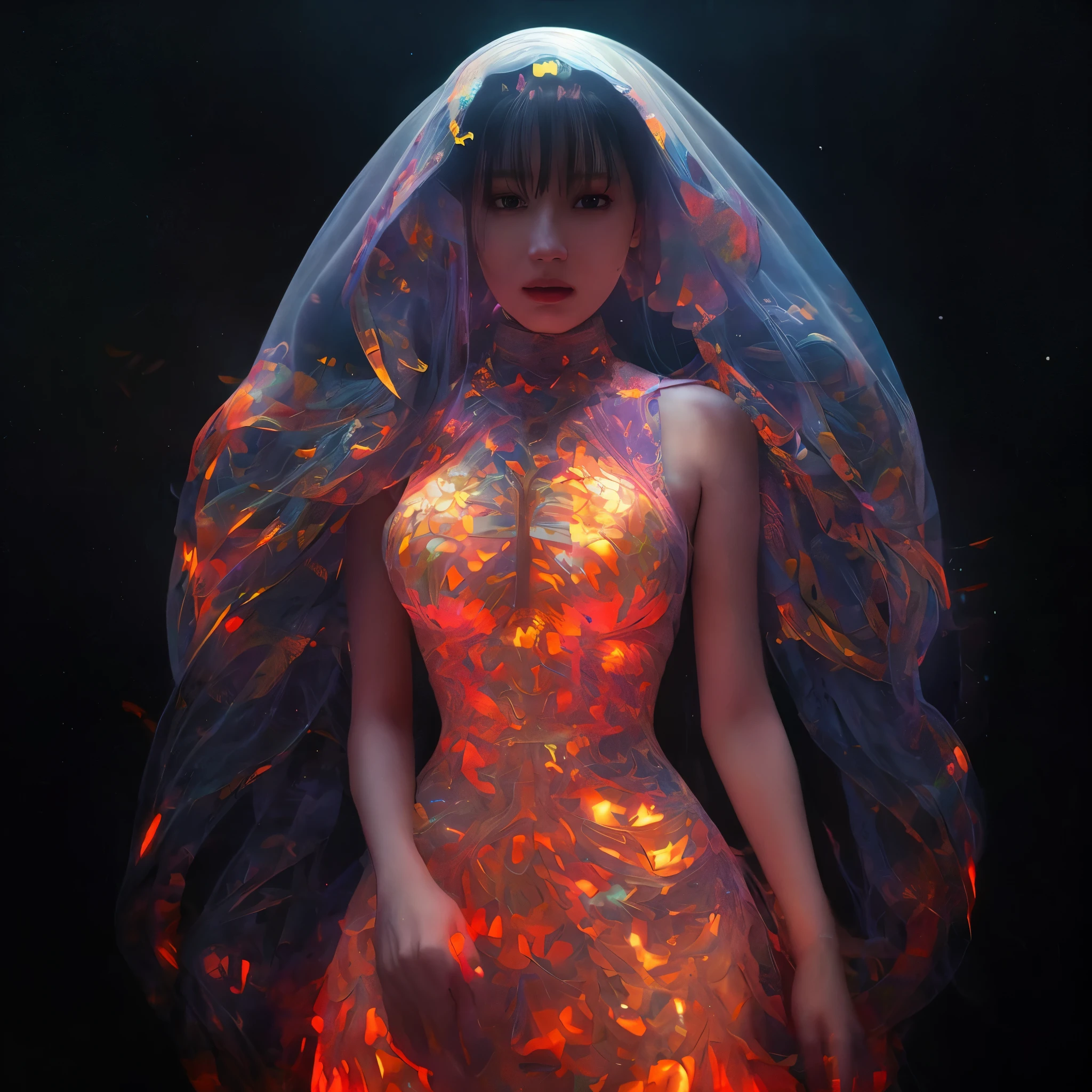 there is a woman with a veil and glowing body in a dark room, beeple and james jean, 3 d neon art of a womens body, beeple and alphonse mucha, beeple art, beeple daily art, beeple. hyperrealism, james jean and wlop, psychedelic organic cyborg, jellyfish priestess