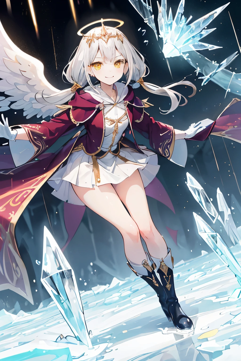 (((1girl))), ((best quality)), ((masterpiece)), ((ultra-detailed)), (illustration), (detailed light), (an extremely delicate and beautiful), (beautiful detailed eyes), (sunlight), ((extremely light)), ((extremely clothes)), (((hyper detail))),(((((front lighting))))),(((((front light))))),
((((quite adorable and much more erotic Sorcerer's robe with a brief skirt and magical tiara)))), (((Finest Ranked Sorcerer))),
,
(((high twin pig tails))), ((((white silver hair)))),
(((yellow gold eyes))), (((tiny adorable angel wings))), (((angel halo))),
(((whole body))), aged 8 to 12, ((((())))),
((condescending expression)), ((mischievous smile with sexual satisfaction)), (((extra adorable))), (((((extra slender shape))))),
(((extremely beautiful detailed face))), (((surrounded by many bullets of ice))),
(((((supre dynamically and bravely attacking enemies by a spell of heavy rainy sqall of vast ice bullets))))), (((elegant magic boots))),
(((((Dutch angle))))), (((magical colored gloves))), ((transparent magical underskirt)), (a little bit exposed magical colored panties)