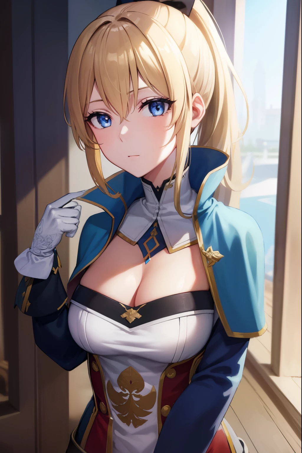 jeangunnhildr, jean, blonde hair, blue eyes, hair between eyes, medium hair, ponytail,
BREAK black gloves, blue capelet, capelet, cleavage, corset, detached sleeves, gloves, pants, strapless, white pants,
BREAK indoors, castle,
BREAK looking at viewer, upper body, full body,
BREAK (masterpiece:1.2), best quality, high resolution, unity 8k wallpaper, (illustration:0.8), (beautiful detailed eyes:1.6), extremely detailed face, perfect lighting, extremely detailed CG, (perfect hands, perfect anatomy),