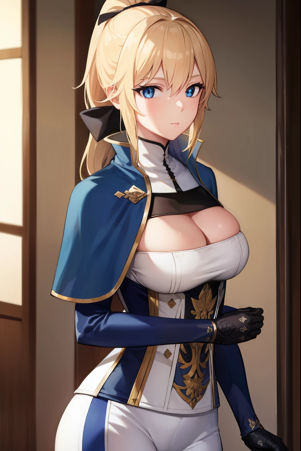 jeangunnhildr, jean, blonde hair, blue eyes, hair between eyes, medium hair, ponytail,
BREAK black gloves, blue capelet, capelet, cleavage, corset, detached sleeves, gloves, pants, strapless, white pants,
BREAK indoors, castle,
BREAK looking at viewer, upper body, full body,
BREAK (masterpiece:1.2), best quality, high resolution, unity 8k wallpaper, (illustration:0.8), (beautiful detailed eyes:1.6), extremely detailed face, perfect lighting, extremely detailed CG, (perfect hands, perfect anatomy),