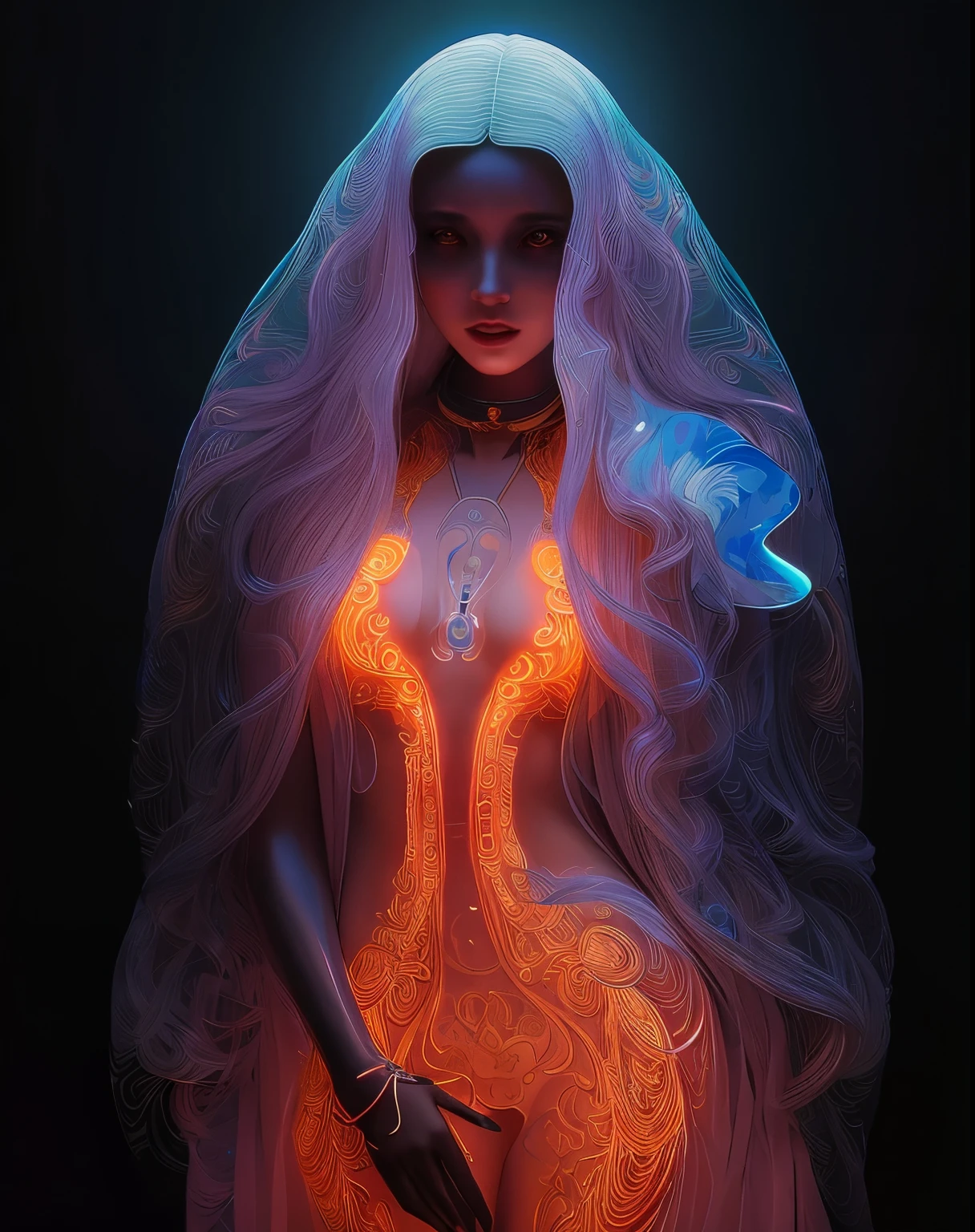 there is a woman with a veil and glowing body in a dark room, beeple and james jean, 3 d neon art of a womens body, beeple and alphonse mucha, beeple art, beeple daily art, beeple. hyperrealism, james jean and wlop, psychedelic organic cyborg, jellyfish priestess