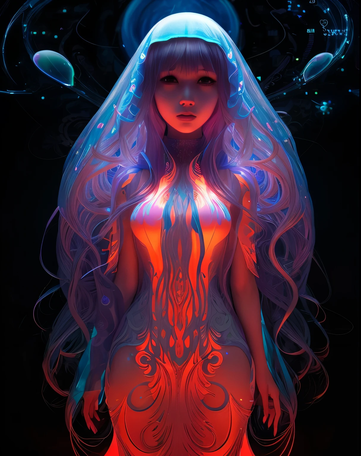 there is a woman with a veil and glowing body in a dark room, beeple and james jean, 3 d neon art of a womens body, beeple and alphonse mucha, beeple art, beeple daily art, beeple. hyperrealism, james jean and wlop, psychedelic organic cyborg, jellyfish priestess