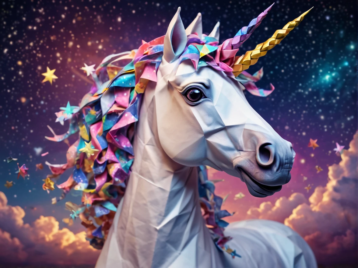 Full scene. mini ponytailed unicorn portraits, unicorn big smile to the camera, starry sky, zentangled, origami, 3d crunch, magical flashes and explosions crossing the horizon,