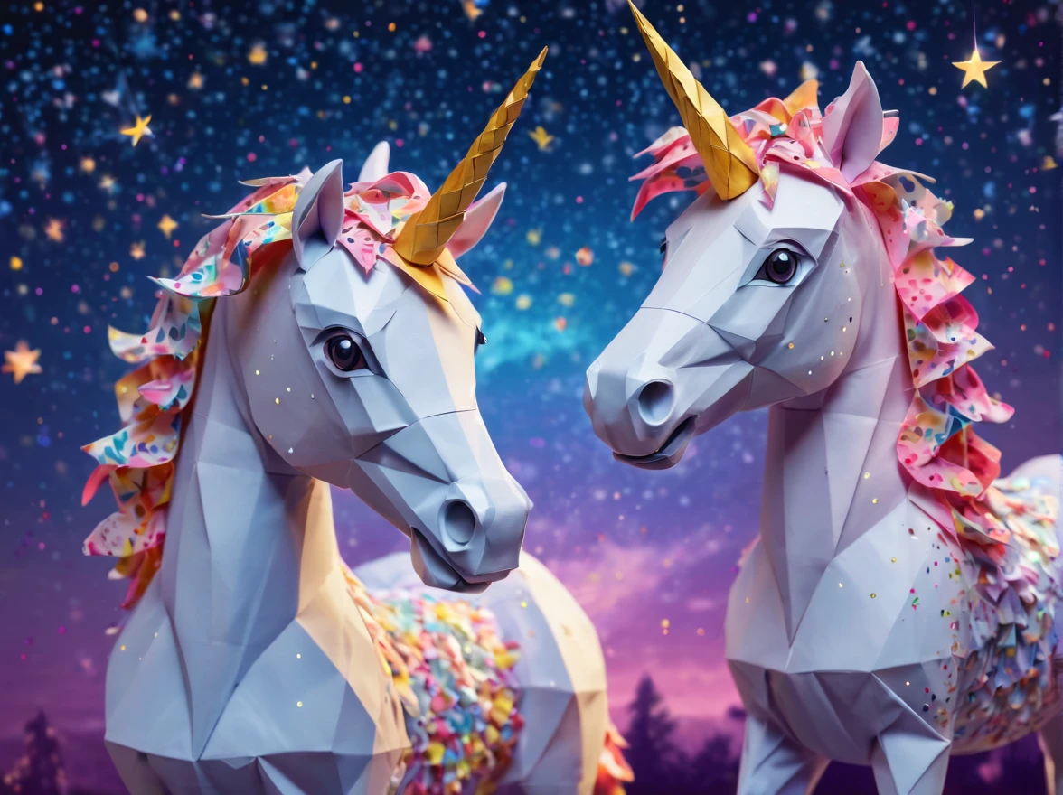 Full scene. mini ponytailed unicorn portraits, unicorn big smile to the camera, starry sky, zentangled, origami, 3d crunch, magical flashes and explosions crossing the horizon,