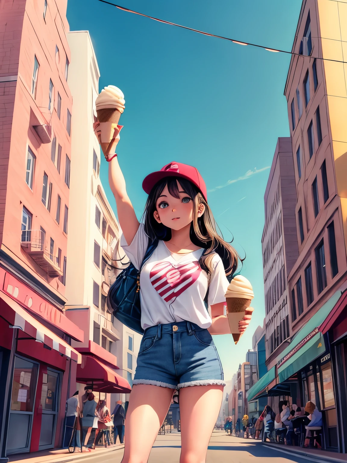 Lovely American girl girl girl in cartoon style, holding an ice cream ice cream ice cream cone in one hand and a coffee cup  coffee cup coffee cupin the other, standing in a bustling city street, high details