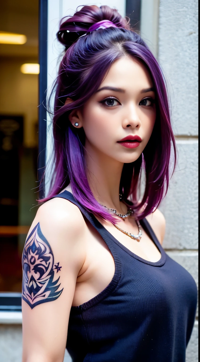 1 stunning female, bite lips, fair skin, inner purple colored hair,  tattoo on the arm, piercing, street fashion,