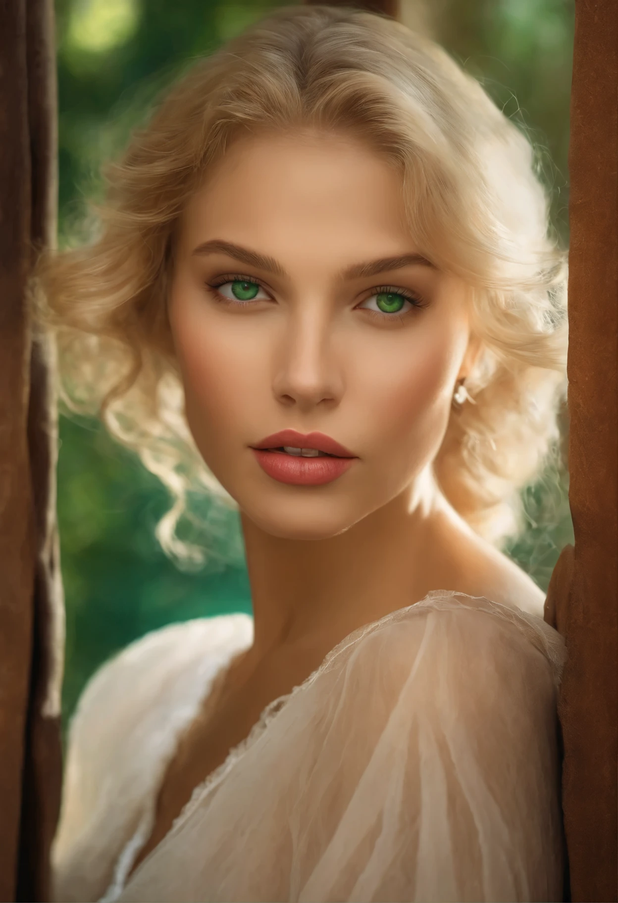 "Create a description of a woman around 14 years old, with blonde hair, intense green eyes that enhance her beauty, thick and sensual lips that accentuate her attractiveness. This woman's face exudes a playful charm, radiating confidence and sensuality in every gesture and gaze."