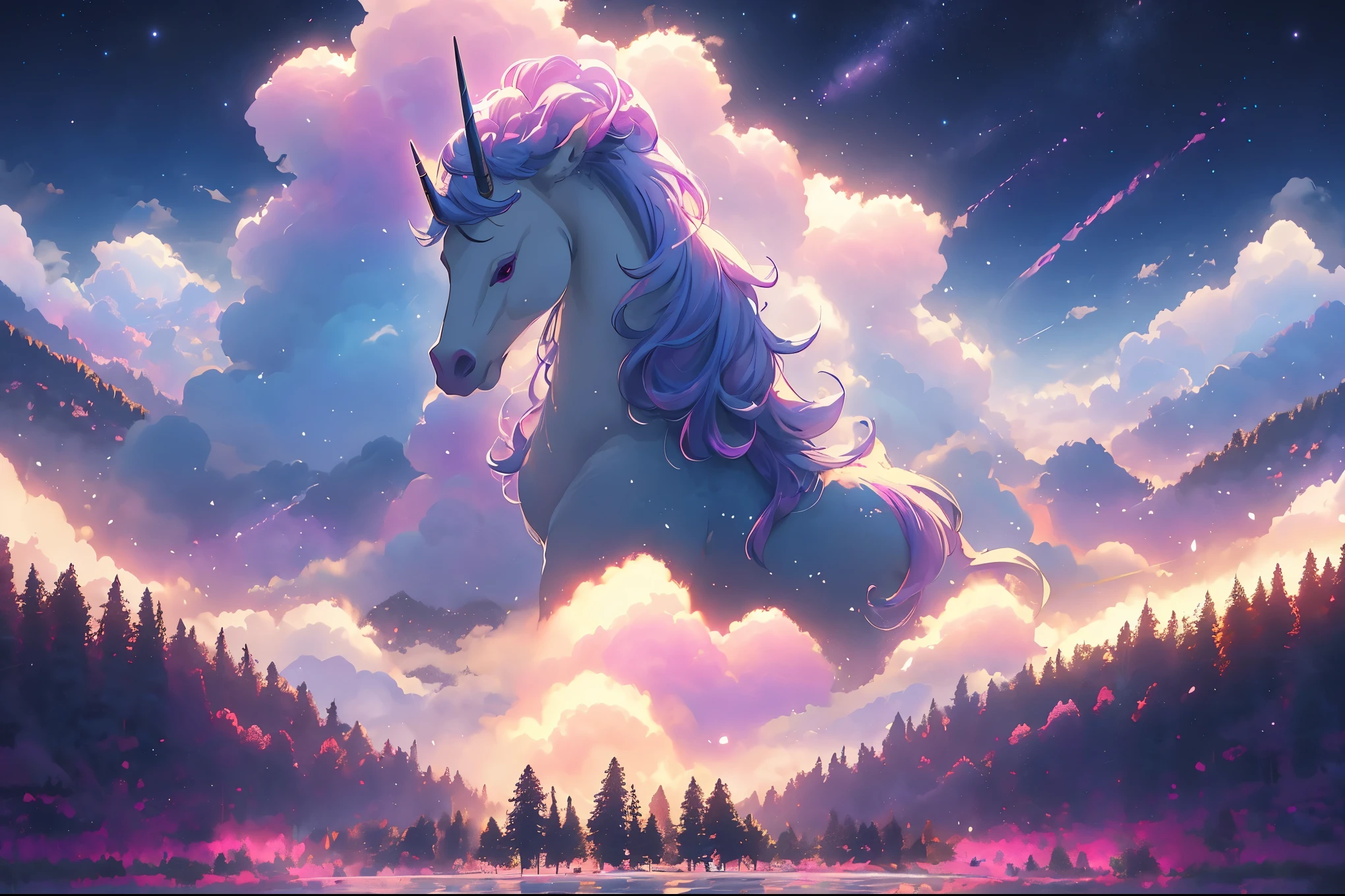 A magical unicorn in a dreamy purple forest,fluffy clouds, ethereal, vivid colors,ultra-detailed,highres,masterpiece:1.2, HDR,studio lighting,sharp focus,physically-based rendering,extreme detail description,professional,vivid colors,bokeh,portraits,landscape, fantasy,soft color tones,soft lighting.