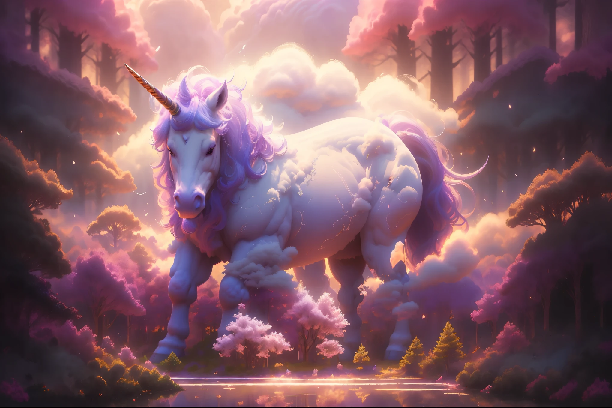 A magical unicorn in a dreamy purple forest,fluffy clouds, ethereal, vivid colors,ultra-detailed,highres,masterpiece:1.2, HDR,studio lighting,sharp focus,physically-based rendering,extreme detail description,professional,vivid colors,bokeh,portraits,landscape, fantasy,soft color tones,soft lighting.