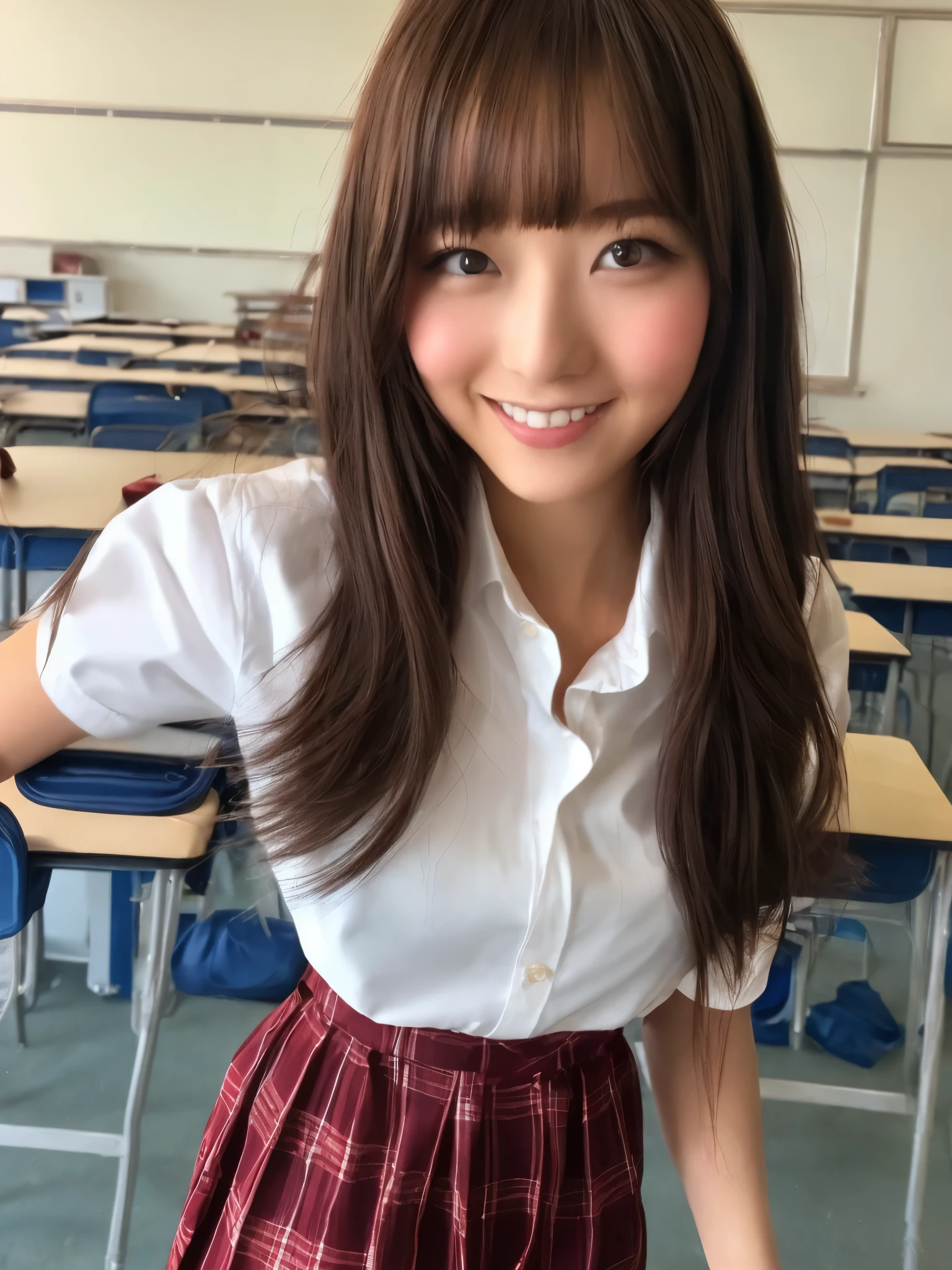 masterpiece, close-up shot of face, Front view, young beautiful japanese woman, Running down the school hallway with a big smile facing the camera, glamorous look, Wearing a short-sleeved white collared shirt、Wearing a plain shiny red satin bow tie。, She is wearing a long skirt with a blue tartan plaid pattern., Wearing short length white socks, I am wearing white and red student shoes., absolutely beautiful face, glossy lips, double eyelids in both eyes, natural makeup, long eyelashes, Shiny smooth light brown medium length hair, asymmetrical bangs, sunburned skin, alone in the classroom, Textbooks and notes on the desk, head frame, center image, 8K resolution, high detail, detailed hairstyle, detailed face, great cinematic lighting, octane rendering, vibrant, surreal, perfect limbs, perfect anatomy