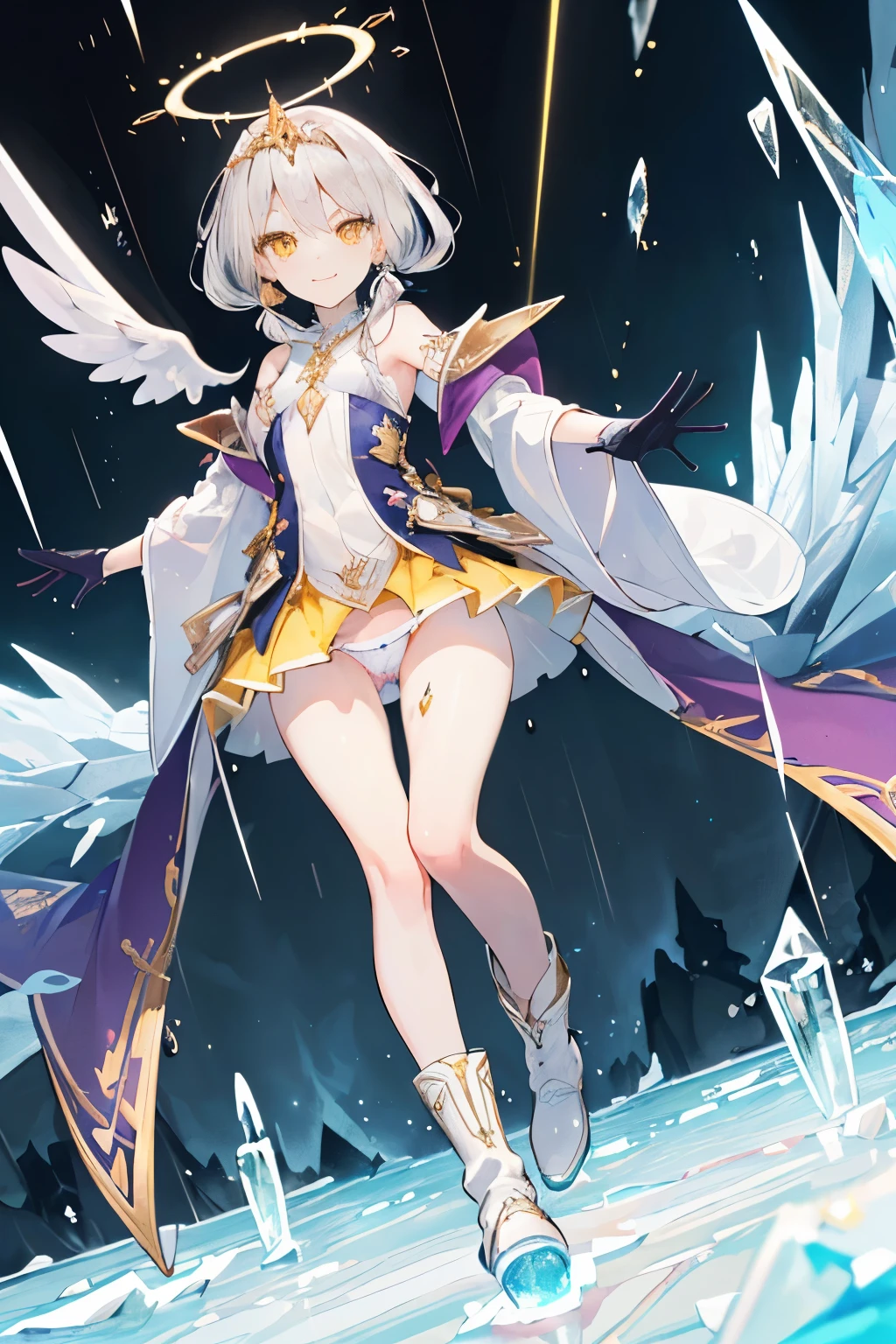 (((1girl))), ((best quality)), ((masterpiece)), ((ultra-detailed)), (illustration), (detailed light), (an extremely delicate and beautiful), (beautiful detailed eyes), (sunlight), ((extremely light)),  ((extremely clothes)), (((hyper detail))),(((((front lighting))))),(((((front light))))),

((((quite adorable and much more  Sorcerer's robe with a brief skirt and magical tiara)))), (((Finest Ranked Sorcerer))),
, 

(((high twin pig tails))), ((((white silver hair)))), 
(((yellow gold eyes))), (((tiny adorable angel wings))), (((angel halo))),

(((whole body))), aged 8 to 12, ((((())))),
((condescending expression)), ((mischievous smile with  satisfaction)),  (((extra adorable))), (((((extra slender shape))))), 
(((extremely beautiful detailed face))), (((surrounded by many bullets of ice))), 
(((((supre dynamically and bravely attacking enemies by a spell of heavy rainy sqall of vast ice bullets))))), (((elegant magic boots))),

(((((Dutch angle))))), (((magical colored gloves))), ((transparent magical underskirt)), ((a little bit exposed magical colored panties))