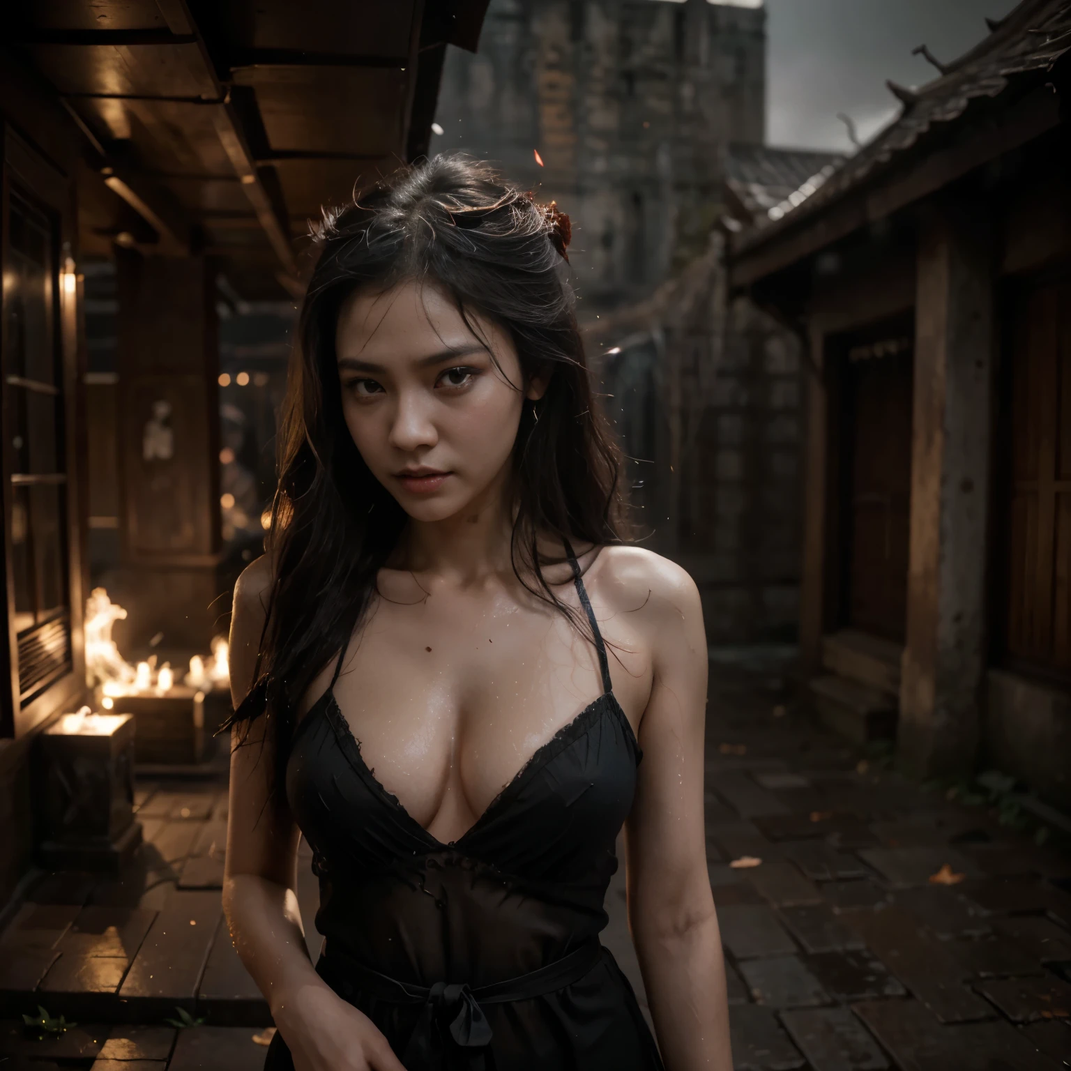 Jump,spirit ghost dark woman, hair, long and sharp claws, a big mouth with sharp teeth, and large (red eyed) with (wet long hair) background is abandon Thai temple at (night time),grey translucent smoke Highly detailed, ultra realistic, 16k, uhd, unreal engine 5, octane,ภาพมุมมองจากระยะไกล,เหนือจริง, ผลงานชิ้นเอก, 16K, การเรนเดอร์ออกเทนที่น่าทึ่ง, Unreal engine 5, 3D, ระยะชัดลึก, HDR, การต่อสู้, หญิง (niar)ผมขาวบ๊อบหน้าม้า ใส่blindfold,camisole giant great sword ฟันแทงโจมตีทหารโบราณ การระเบิด ฝุ่น ความโกลาหล แนวความเร็วสูงที่พร่ามัว ทั้งหมดตั้งเป้าต่อต้านเมืองต้องห้าม ท่าทางแบบไดนามิก ภาพยนตร์สงคราม