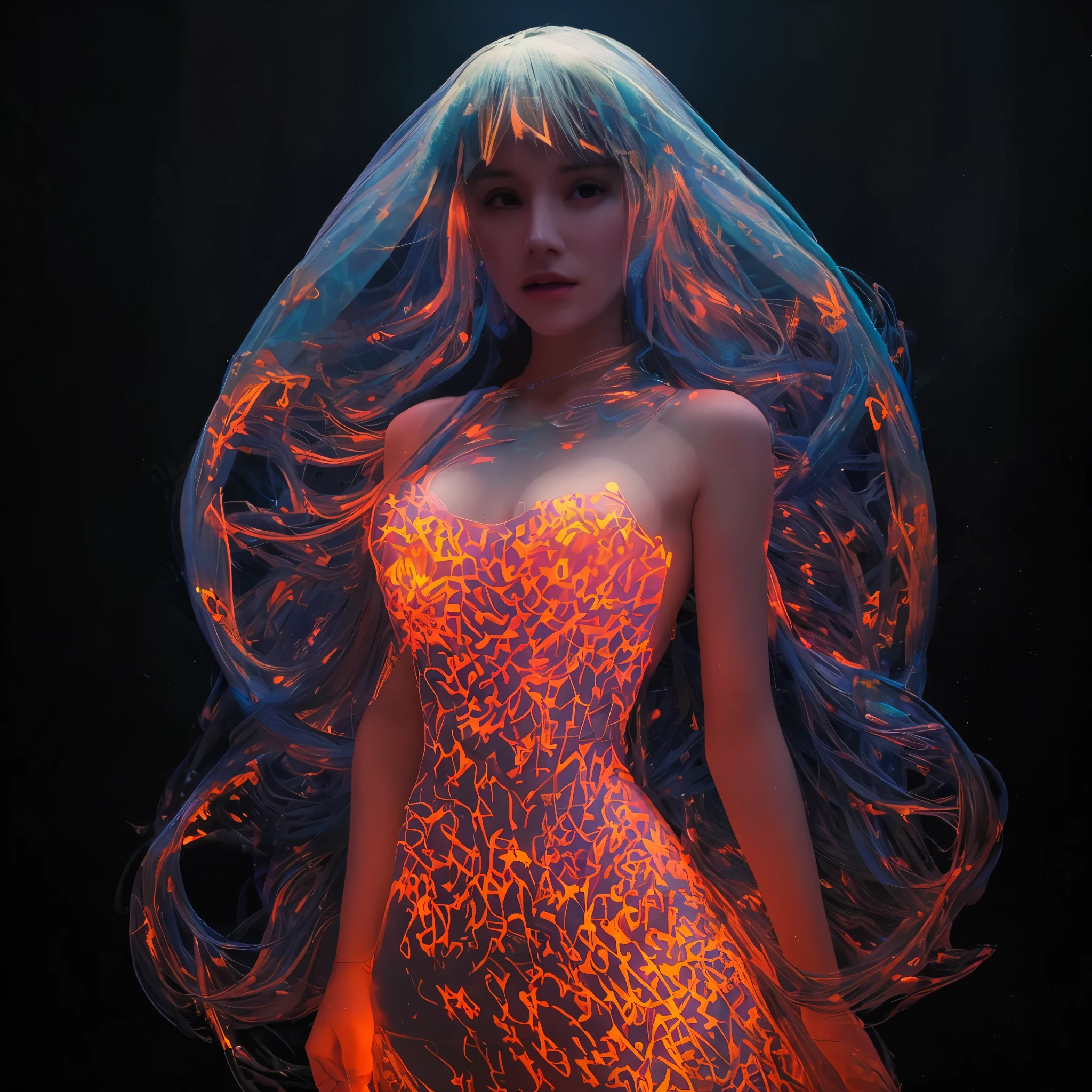 there is a woman with a veil and glowing body in a dark room, beeple and james jean, 3 d neon art of a womens body, beeple and alphonse mucha, beeple art, beeple daily art, beeple. hyperrealism, james jean and wlop, psychedelic organic cyborg, jellyfish priestess