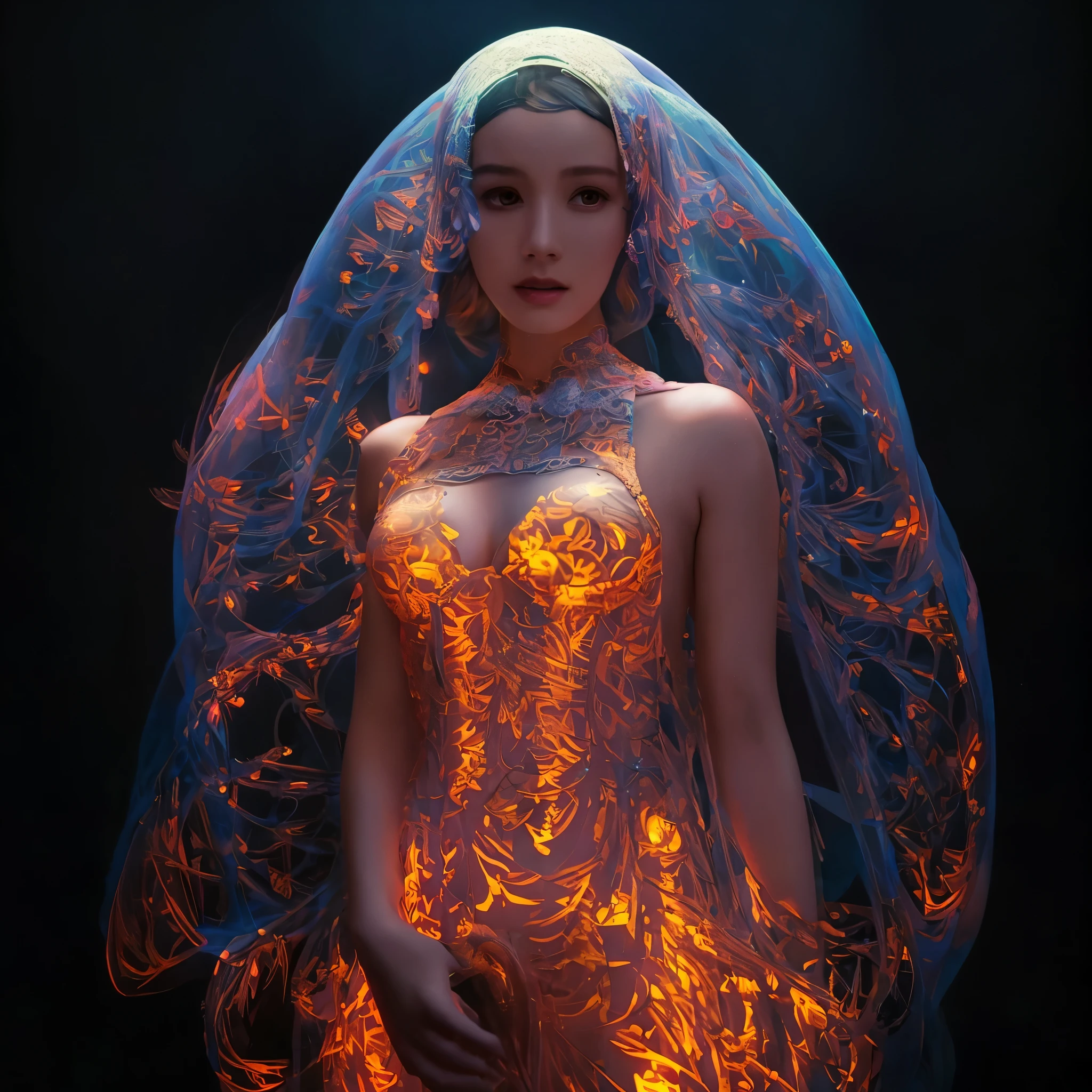 there is a woman with a veil and glowing body in a dark room, beeple and james jean, 3 d neon art of a womens body, beeple and alphonse mucha, beeple art, beeple daily art, beeple. hyperrealism, james jean and wlop, psychedelic organic cyborg, jellyfish priestess