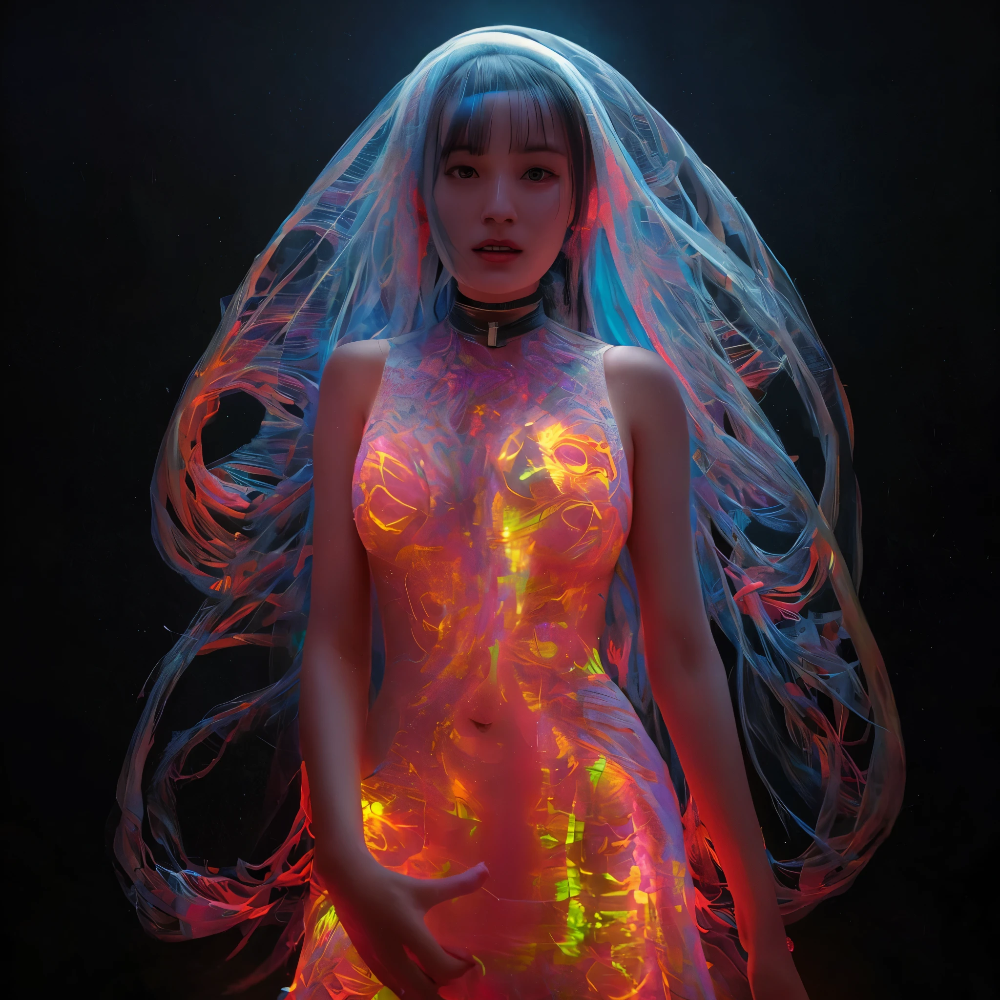 there is a woman with a veil and glowing body in a dark room, beeple and james jean, 3 d neon art of a womens body, beeple and alphonse mucha, beeple art, beeple daily art, beeple. hyperrealism, james jean and wlop, psychedelic organic cyborg, jellyfish priestess