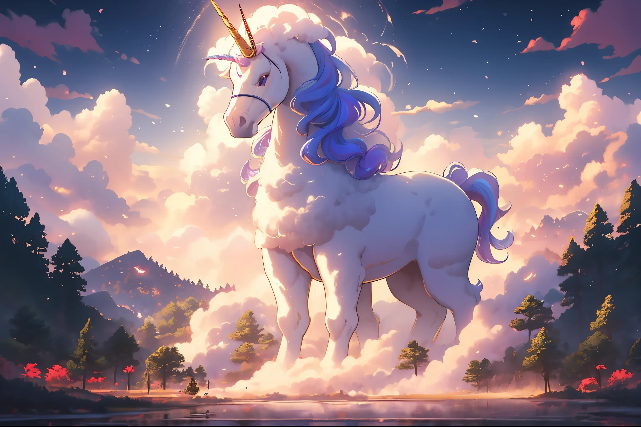 A magical unicorn in a dreamy purple forest,fluffy clouds, ethereal, vivid colors,ultra-detailed,highres,masterpiece:1.2, HDR,studio lighting,sharp focus,physically-based rendering,extreme detail description,professional,vivid colors,bokeh,portraits,landscape, fantasy,soft color tones,soft lighting.