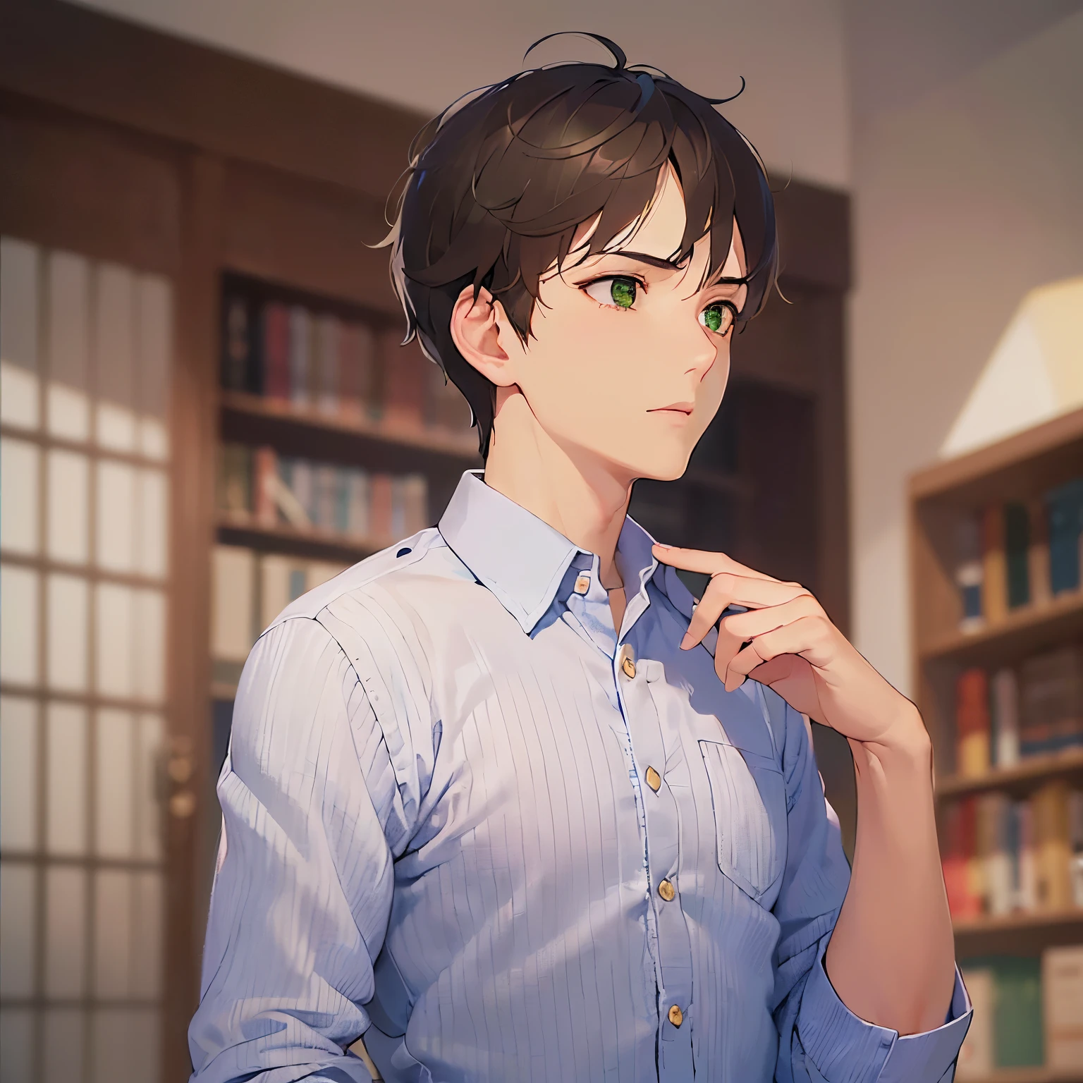 (looking away:1.5), side angle, masterpiece、high quality、(25 year old man with short dark brown hair and green eyes:1.5), Wearing a blue shirt、(Alone:1.5)、(Only the upper body is shown.:1.3)、The background is a luxury store