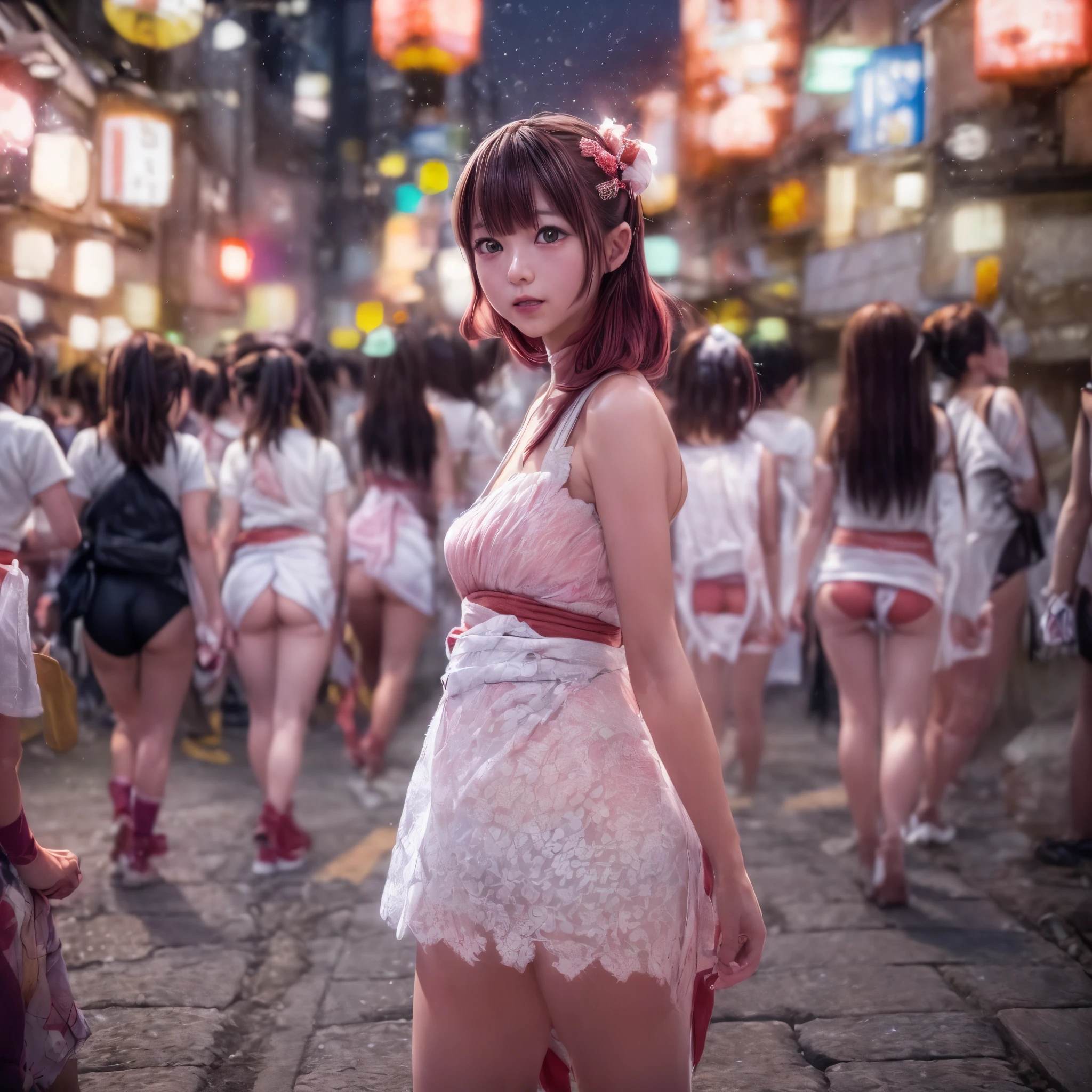 ((NSFW:-0.95)), (((nipple:-0.9))), ((Acutance:0.85)), (((from below)), The Sky takes up more than third of the composition ) . The background is the downtown area at (Twilight:1.4), (((Red-dyed clouds above hed:1.3))), { (many colorful Lights:1.2) | lens flare | Burning | heyz | (luminous Particles) | Mystic sight } . (Masterpiece:1.2) of professional Analog photo with Hasselblad, (((UltraRealistic and photorealistic with touch of rawness:1.37))), physically-based 3D rendering with ultra-detailed. ((( A group photo of KAWAII girls in WHITE Fundoshi, at Hakata Gion Ymakasa Festival ))) . (((from below:1.2, bokeH))), Assfocus and she looking ahead .