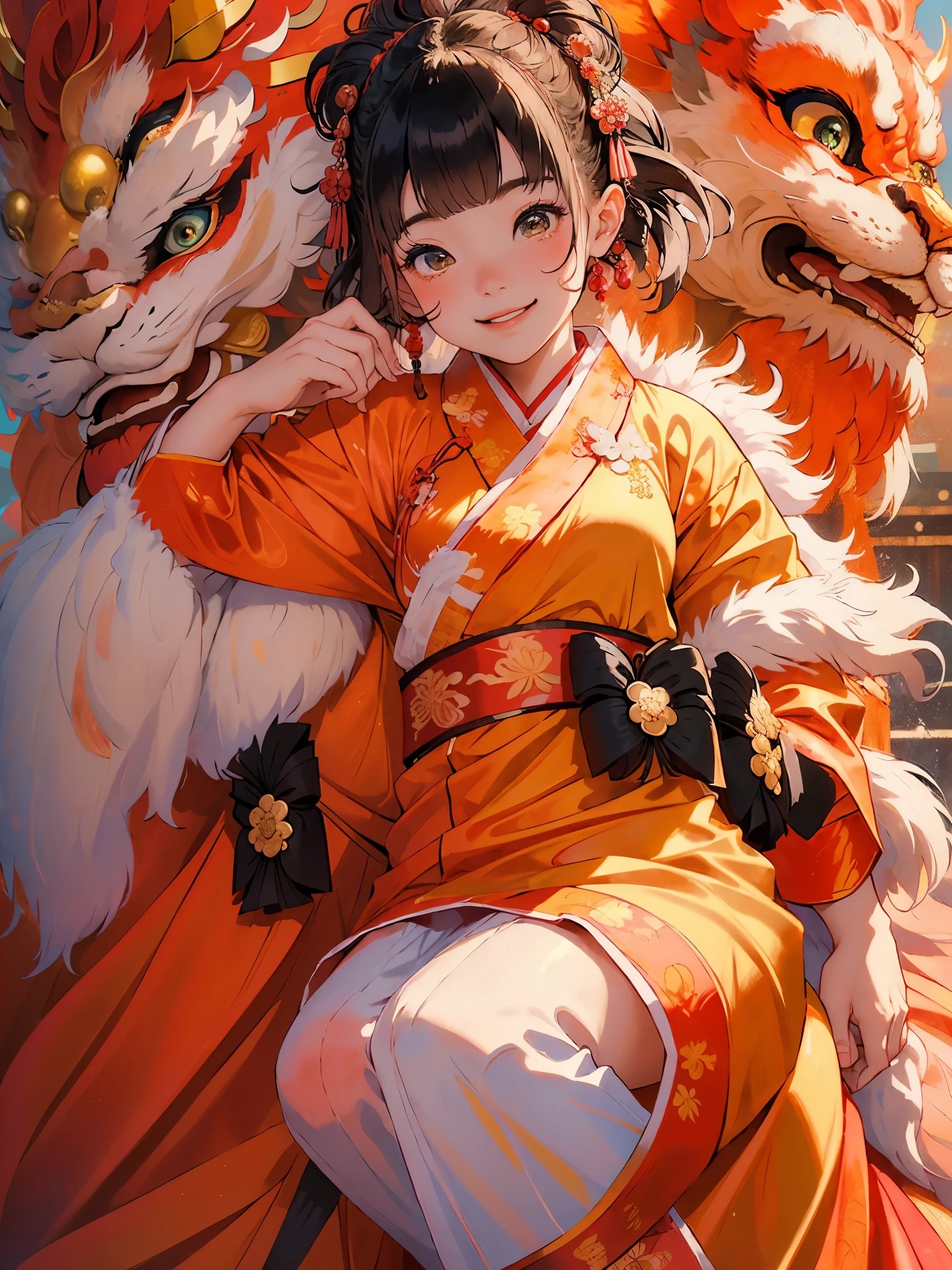 wearing(((Hanfu robe)))cute girl,Lying on the lion's head,background:Chinese style buildings,Lion dance performance,Wear traditional Chinese clothing to welcome the winter solstice festival, Smile,happy,Happiness,Highlight the festive spirit,Picturesque snow scenery around, Artistically rendered with vibrant colors and stunning attention to detail. Great for greeting cards, digital wallpaper,