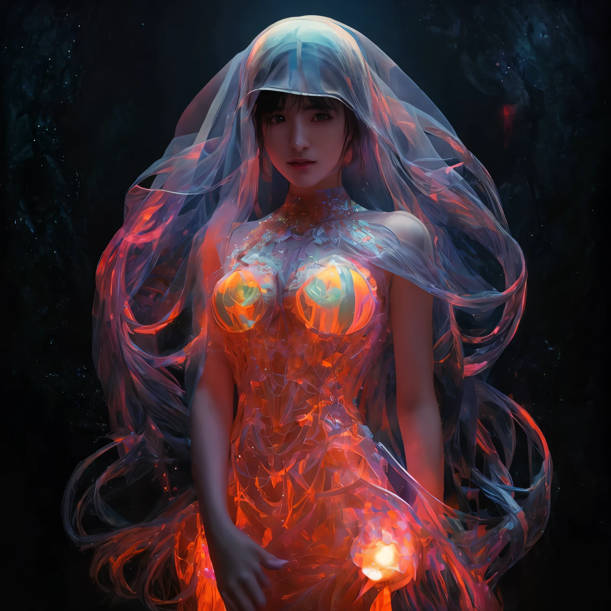 there is a woman with a veil and glowing body in a dark room, beeple and james jean, 3 d neon art of a womens body, beeple and alphonse mucha, beeple art, beeple daily art, beeple. hyperrealism, james jean and wlop, psychedelic organic cyborg, jellyfish priestess