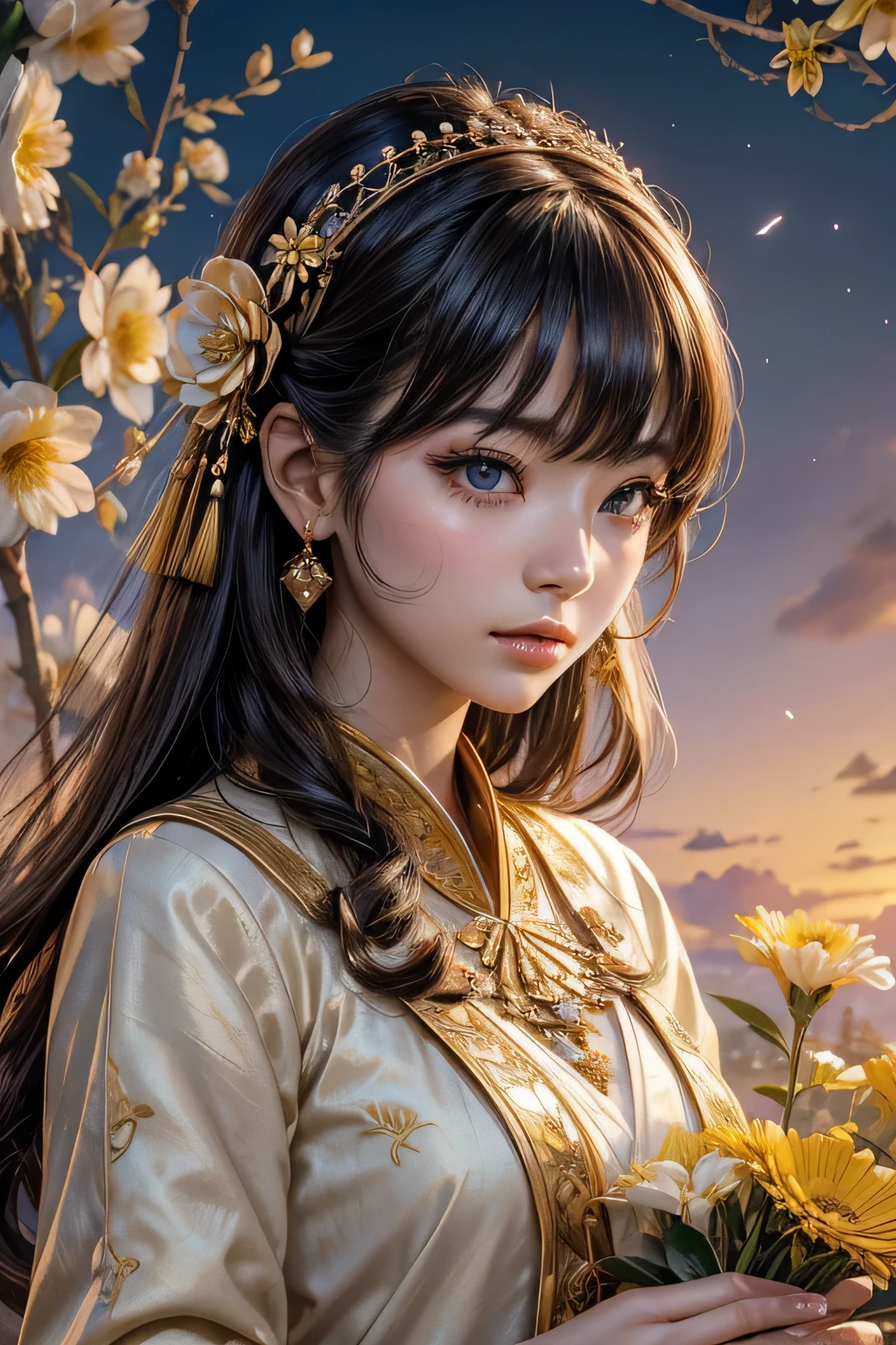 High resolution、beautiful girl、夢の中The world of、western、a paradise、A shining world、thin and high nose、long、sad expression、eyeliner、Hairstyles summarized、、Intelligent girl、length、Ancient costumes、古代The world of、Colorful world、blooming flowers々、god々The world of