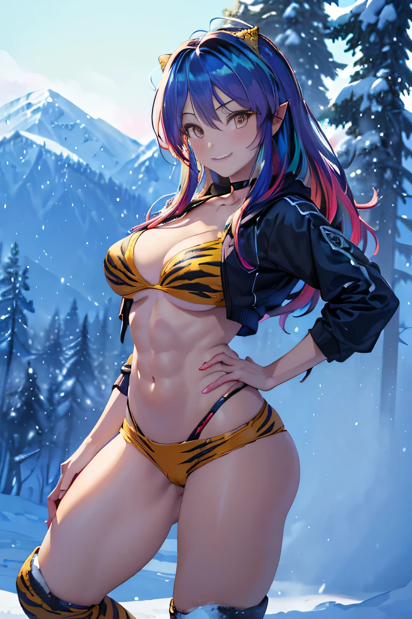 (photorealistic:1.5, highest quality,masterpiece,High resolution,muste piece),snow mountainに立つラム, (Tiger print string bikini swimsuit:1.5,boots,Down jacket:1.3,choker),(looking at the camera:1.2),(Photo seen from the front bottom:1.3),expression( Impish Smile:1.3,blushing:1.3),(Bright colorful hair:1.5),Pause( Seductive pose:1.5),background(snow mountain:1.5,Forest),(slender, abs:1.2, beautiful skin), (Underwear visible through clothing),(Butt visible through clothes),(detailed perfect face),normal hands:1.5,normal finger:1:5,normal feet:1.5,(cameltoe)