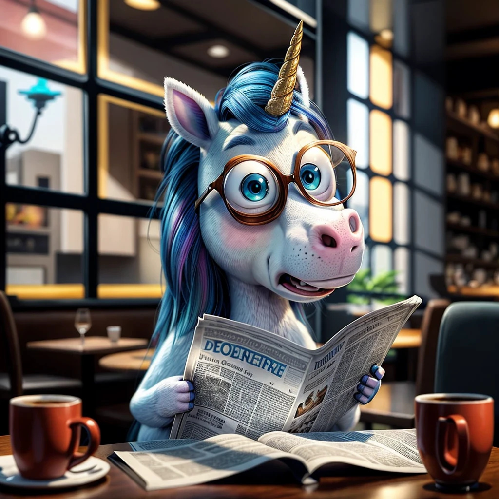 (best quality, masterpiece:1.3), a humanoid unicorn reading newspaper at a cafe, glasses, annoyed, pixar animation