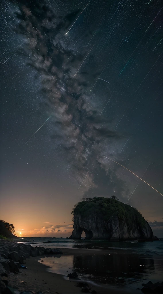 (zoom:1.1), (meteor shower:1.2), (comet:1.1), low angle, arora borealis, shooting star, top quality, masterpiece, clouds, colorful, southeast Asian beach, summer, seascape, small islands