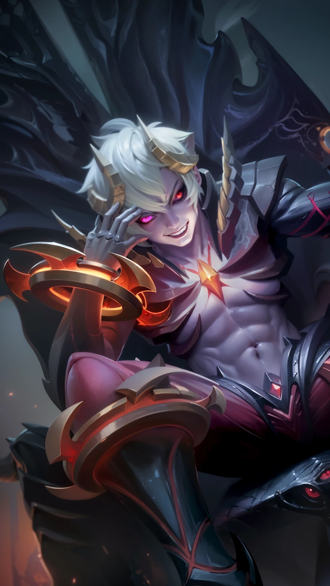 masculine male, masterpiece, ((perfect eyes)) best quality, (semirealism:1.9), beautiful lighting, (extremely detailed CG unity 4k fhd wallpaper), High Detail, Sharp focus, dramatic outdoors, 25 years old, white short hair, Boy with two big horns, big earrings on ears, elf ear, red eyes, Thick eyebrows, evil smile, grinning, red body, red face, Burning skin, yellow diamonds glistening on chest, burning red skin, golden robe behind, big white belt, 8k, realistic, tato, scary, strong red eye glow (red eye:1.2).