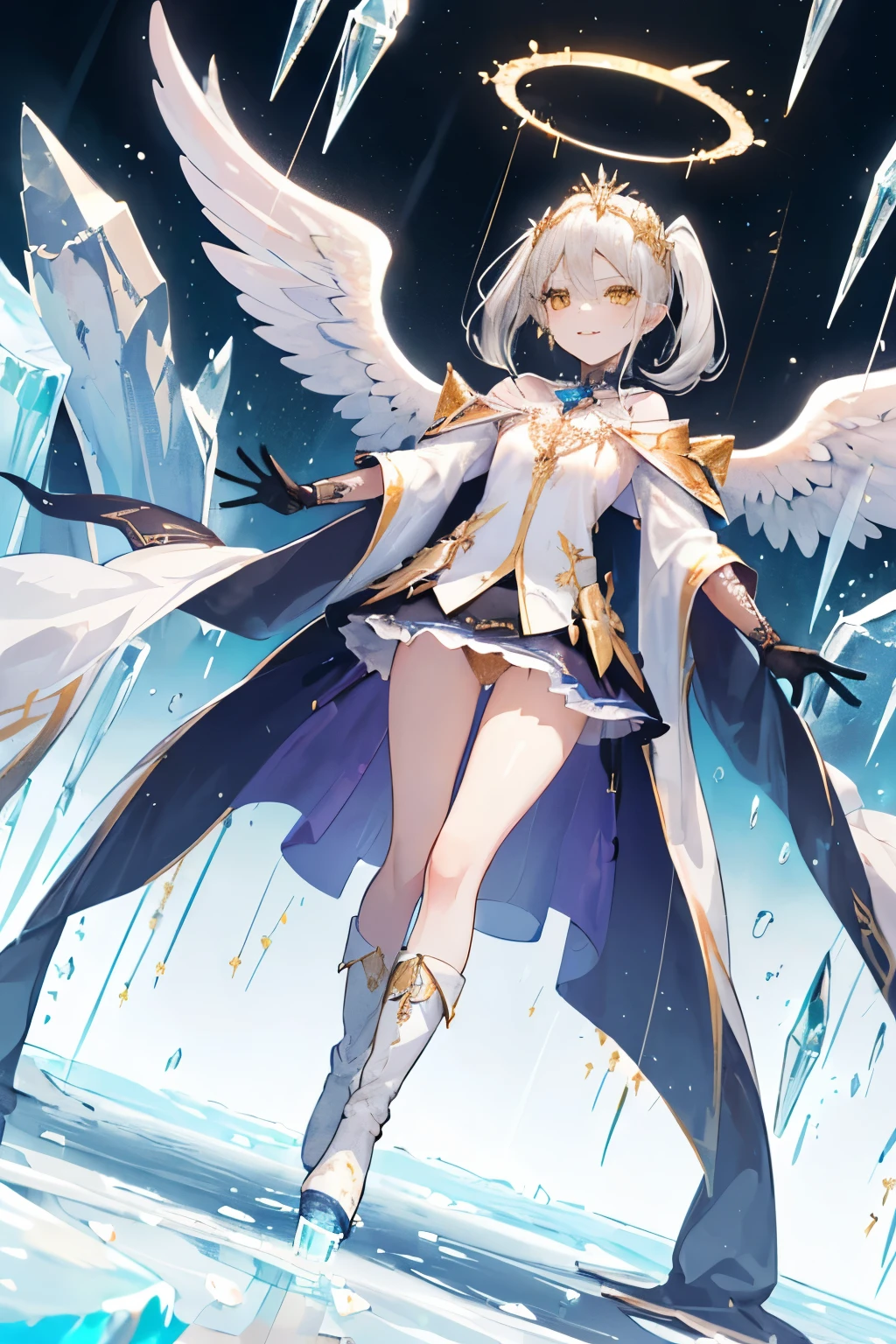 (((1girl))), ((best quality)), ((masterpiece)), ((ultra-detailed)), (illustration), (detailed light), (an extremely delicate and beautiful), (beautiful detailed eyes), (sunlight), ((extremely light)), ((extremely clothes)), (((hyper detail))),(((((front lighting))))),(((((front light))))),
((((quite adorable and much more erotic Sorcerer's robe with a brief skirt and magical tiara)))), (((Finest Ranked Sorcerer))),
,
(((high twin pig tails))), ((((white silver hair)))),
(((yellow gold eyes))), (((tiny adorable angel wings))), (((angel halo))),
(((whole body))), aged 8 to 12, ((((())))),
((condescending expression)), ((mischievous smile with sexual satisfaction)), (((extra adorable))), (((((extra slender shape))))),
(((extremely beautiful detailed face))), (((surrounded by many bullets of ice))),
(((((supre dynamically and bravely attacking enemies by a spell of heavy rainy sqall of vast ice bullets))))), (((elegant magic boots))),
(((((Dutch angle))))), (((magical colored gloves))), ((transparent magical underskirt)), ((a little bit exposed magical colored panties))
