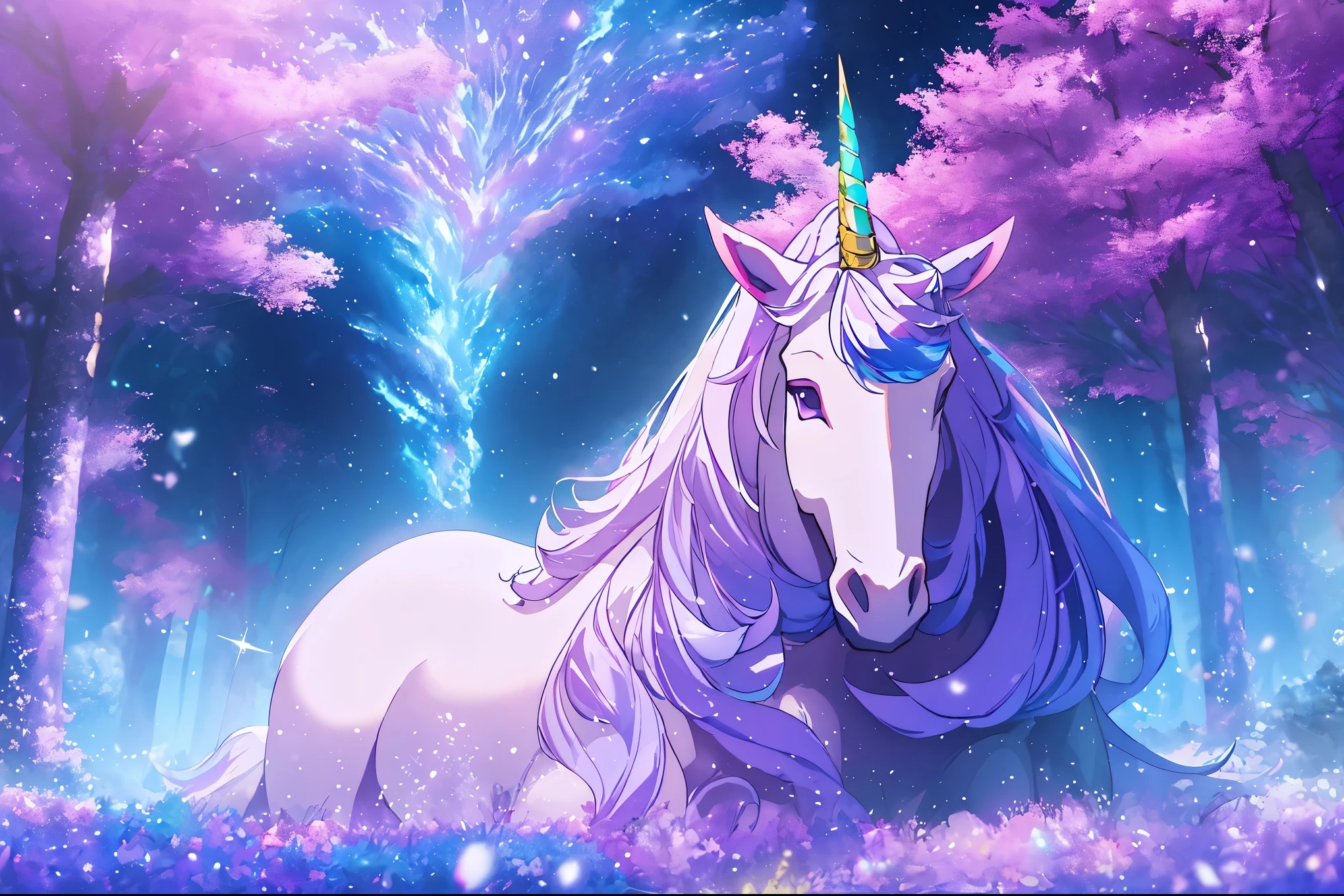 A magical unicorn in a dreamy purple forest,fluffy clouds, ethereal, vivid colors,ultra-detailed,highres,masterpiece:1.2, HDR,studio lighting,sharp focus,physically-based rendering,extreme detail description,professional,vivid colors,bokeh,portraits,landscape, fantasy,soft color tones,soft lighting.