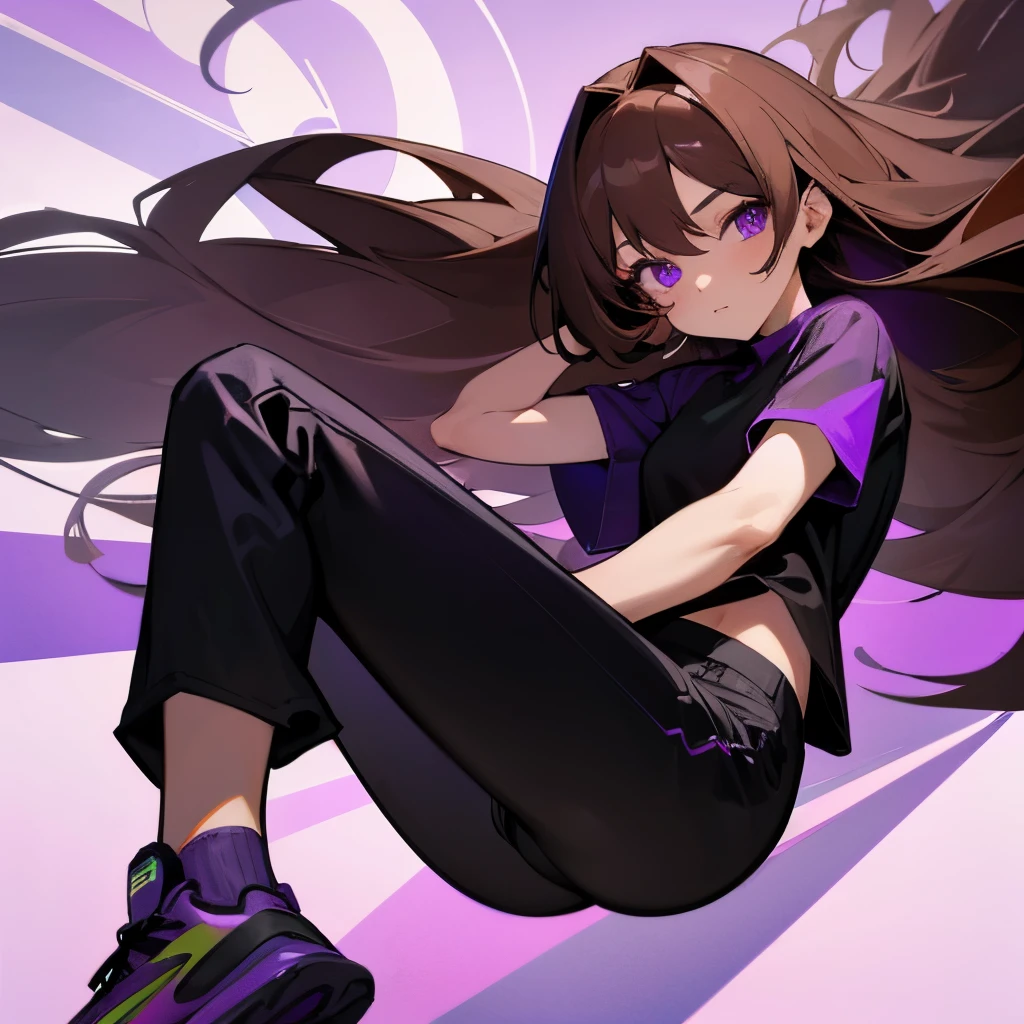 1 girl, long brown hair with purple tips, light purple eyes, wearing black T-schirt and black pants, purple and black shoes, absurdres, highres, ultrasharp, 8K, masterpiece, looking at viewer,