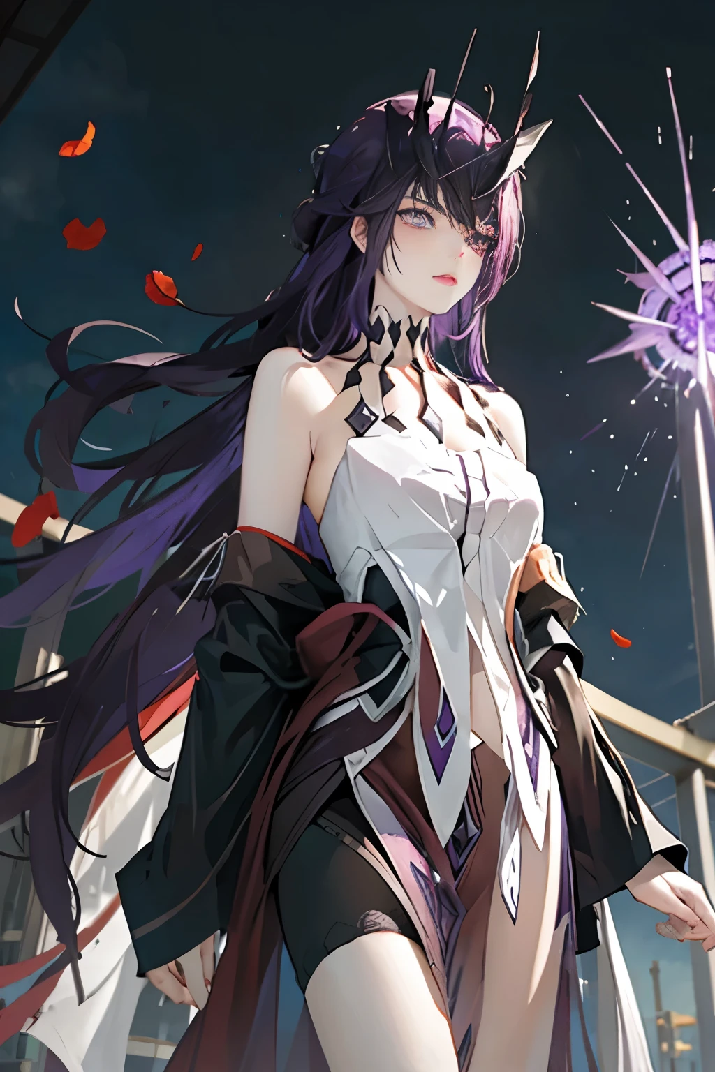 Raiden shogun_genshin, standing, 1girl, purple hair pin, ((dark purple hair)),(cowboy shot, close-up), hair between eyes, purple eyes, bangs, black shorts legging, thigh strap, long sleeves, purple kimomo, light purple kimono, upper body, (masterpiece, high quality, best quality), (colorful),(delicate eyes and face), volumatic light, ray tracing, bust shot ,extremely detailed CG unity 8k wallpaper,solo((flying petal)),(Flowery meadow) sky, dark purple sky, noon, light, fantasy, windy, magic sparks, outdoors, shrine, lightning, thunder, lake, highly detailed eyes, 