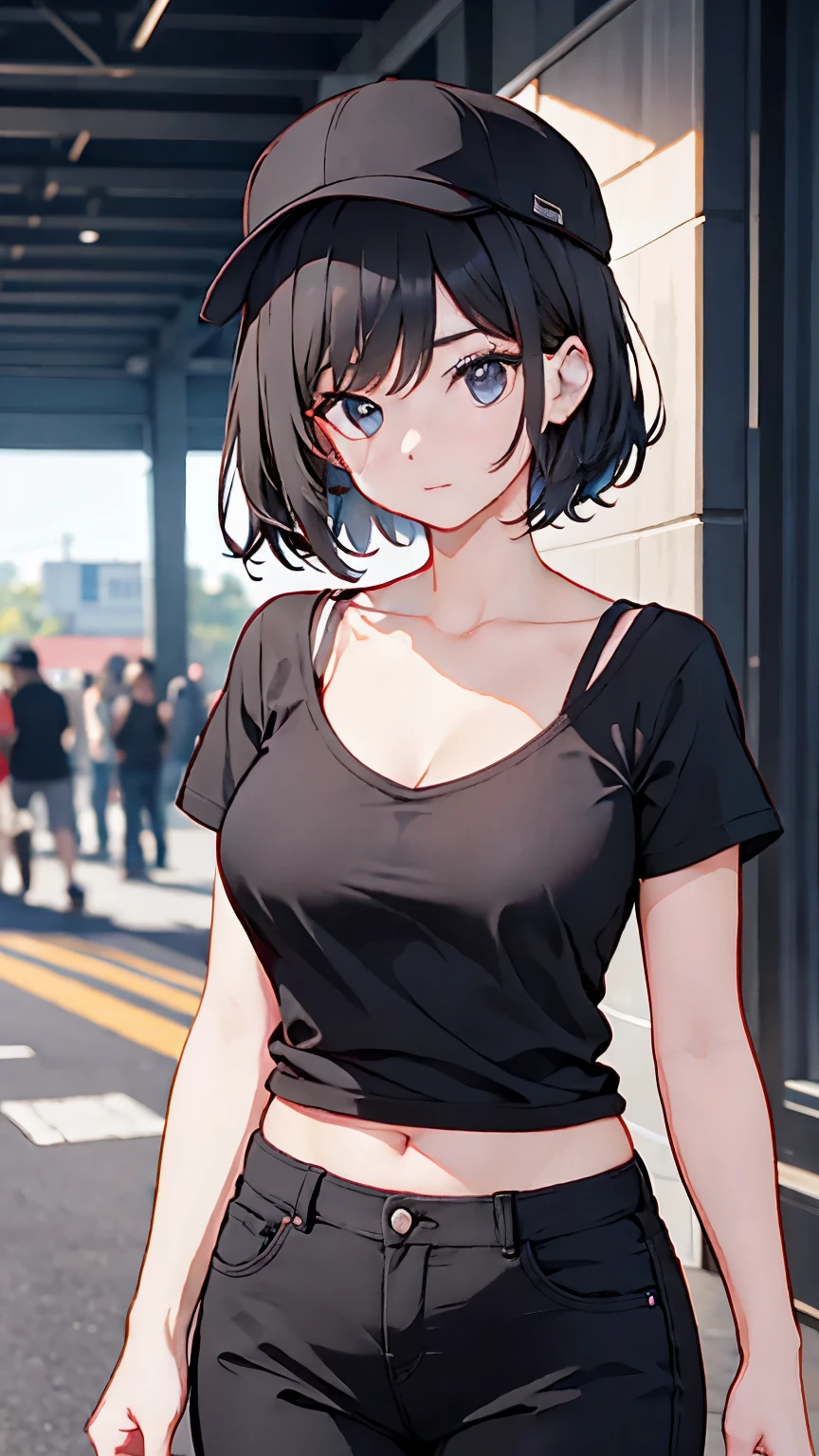 Anime girl with black hair and black top walking down the street ...