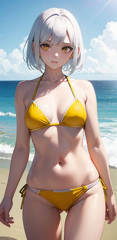 Realistic、1girl、white hair、yellow eyes、white bikini:1.5、face,cowboy shot:1.5,beach、wallpaper