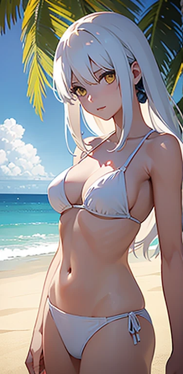 Realistic、1girl、white hair、yellow eyes、white bikini:1.5、face,cowboy shot:1.5,beach、wallpaper