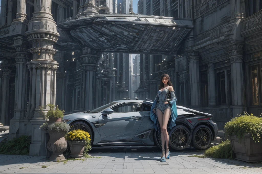 Incredible fantasy city, mega skyscrapers, flying cars, space elevator towers, Super Detail, trees, flowers, Many different buildings, spaceships in the sky, Ultra detail, many elements, blue and gold, yellow numbers on the towers, Character incredibly beautiful girl, posing in front of a car, full length, stands on the balcony, leash around the neck, , submission, disturbance, fabulous car without wheels, car hanging above the ground, gravity engines instead of wheels, aggressive car shape, a lot of details, super car, expensive convertible., Incredibly beautiful face, very detailed face, Detailed eyes, detailed hair, Expensive earrings, nipple piercing, diamonds, Emeralds, Rubies, turquoise, correct anatomy, red lace dress, Thin body, Super Detail тела, many small details of the dress, Incredible fantasy city, mega skyscrapers, flying cars, space elevator towers, Super Detail, trees, flowers, Many different buildings, spaceships in the sky, Ultra detail, many elements, blue and gold, yellow numbers on buildings, straight and smooth lines, Street, evening, A lot of cars, sharp lines, contrast, City River, water fall, trees по берегу, fault in the earth&#39;s square, deep crevice, You can't see the ground, Very high, helicopter landing pads, interceptor hangars, lots of blue and yellow, bright colors, paint