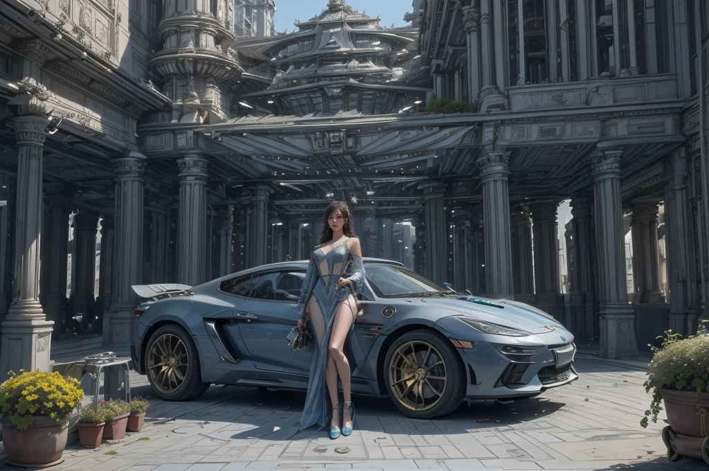 Incredible fantasy city, mega skyscrapers, flying cars, space elevator towers, Super Detail, trees, flowers, Many different buildings, spaceships in the sky, Ultra detail, many elements, blue and gold, yellow numbers on the towers, Character incredibly beautiful girl, posing in front of a car, full length, stands on the balcony, leash around the neck, , submission, disturbance, fabulous car without wheels, car hanging above the ground, gravity engines instead of wheels, aggressive car shape, a lot of details, super car, expensive convertible., Incredibly beautiful face, very detailed face, Detailed eyes, detailed hair, Expensive earrings, nipple piercing, diamonds, Emeralds, Rubies, turquoise, correct anatomy, red lace dress, Thin body, Super Detail тела, many small details of the dress, Incredible fantasy city, mega skyscrapers, flying cars, space elevator towers, Super Detail, trees, flowers, Many different buildings, spaceships in the sky, Ultra detail, many elements, blue and gold, yellow numbers on buildings, straight and smooth lines, Street, evening, A lot of cars, sharp lines, contrast, City River, water fall, trees по берегу, fault in the earth&#39;s square, deep crevice, You can't see the ground, Very high, helicopter landing pads, interceptor hangars, lots of blue and yellow, bright colors, paint