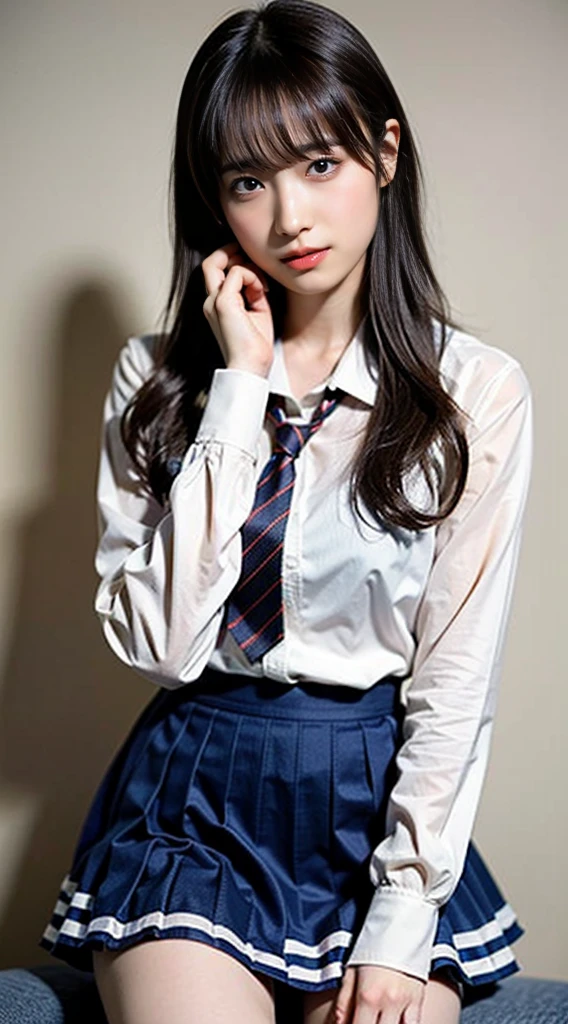 (8K、RAW photo、highest quality、masterpiece:1.2)、(realistic、Photoreal)、40 years、1 girl、I have a mole next to my eye、((White shirt with long sleeves、sailor suit、red tie、Below-the-knee length navy pleated skirt))、（high school girl）、The skirt is rolled up、gal、lots of eyelashes、glitter on eyelids、Dark Red Knee-High Socks、Skeletally correct、thighs open、wavy twintails、cute smile、sweaty body、attractive body beautiful perfect body、V-line emphasis、put your hands behind your head、Beautifully aligned fingertips、