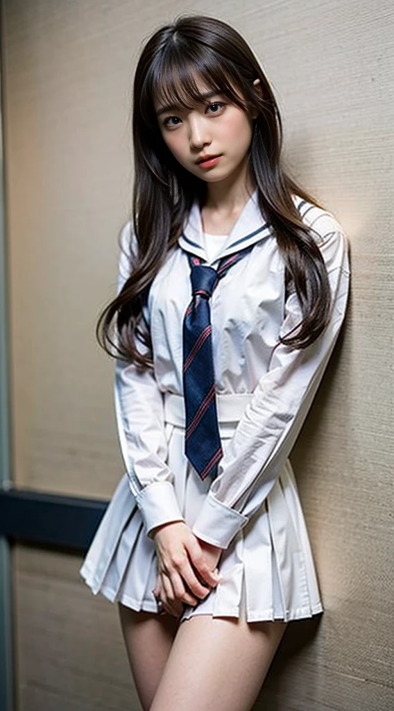 (8K、RAW photo、highest quality、masterpiece:1.2)、(realistic、Photoreal)、40 years、1 girl、I have a mole next to my eye、((White shirt with long sleeves、sailor suit、red tie、Below-the-knee length navy pleated skirt))、（high school girl）、The skirt is rolled up、gal、lots of eyelashes、glitter on eyelids、Dark Red Knee-High Socks、Skeletally correct、thighs open、wavy twintails、cute smile、sweaty body、attractive body beautiful perfect body、V-line emphasis、put your hands behind your head、Beautifully aligned fingertips、
